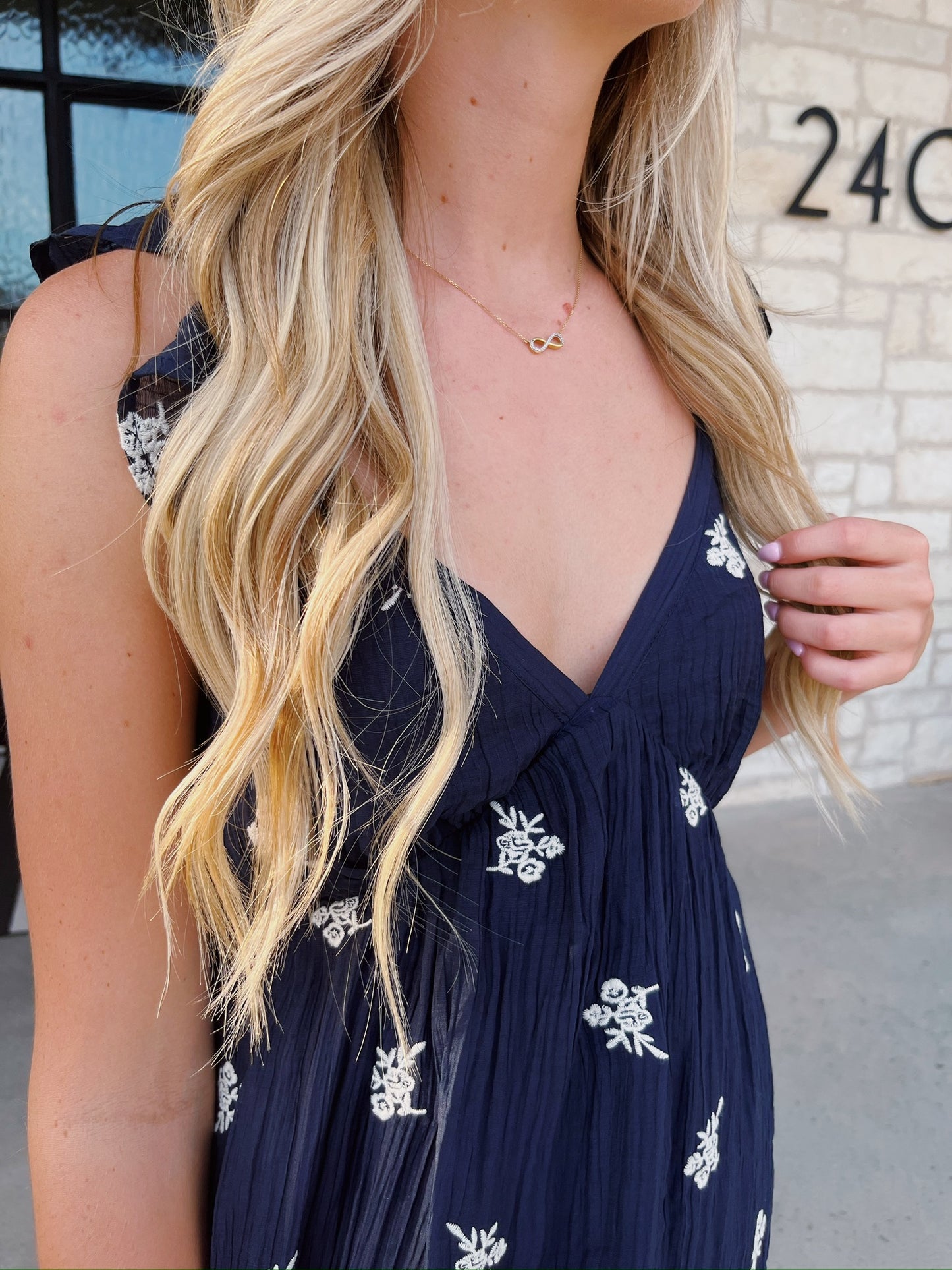 Navy Floral Embroidered Dress
