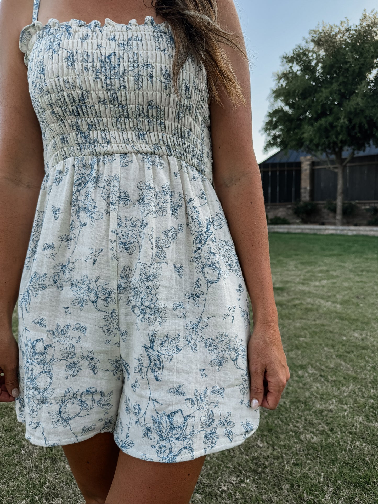 Blue Floral Gauze Romper (100% Cotton)