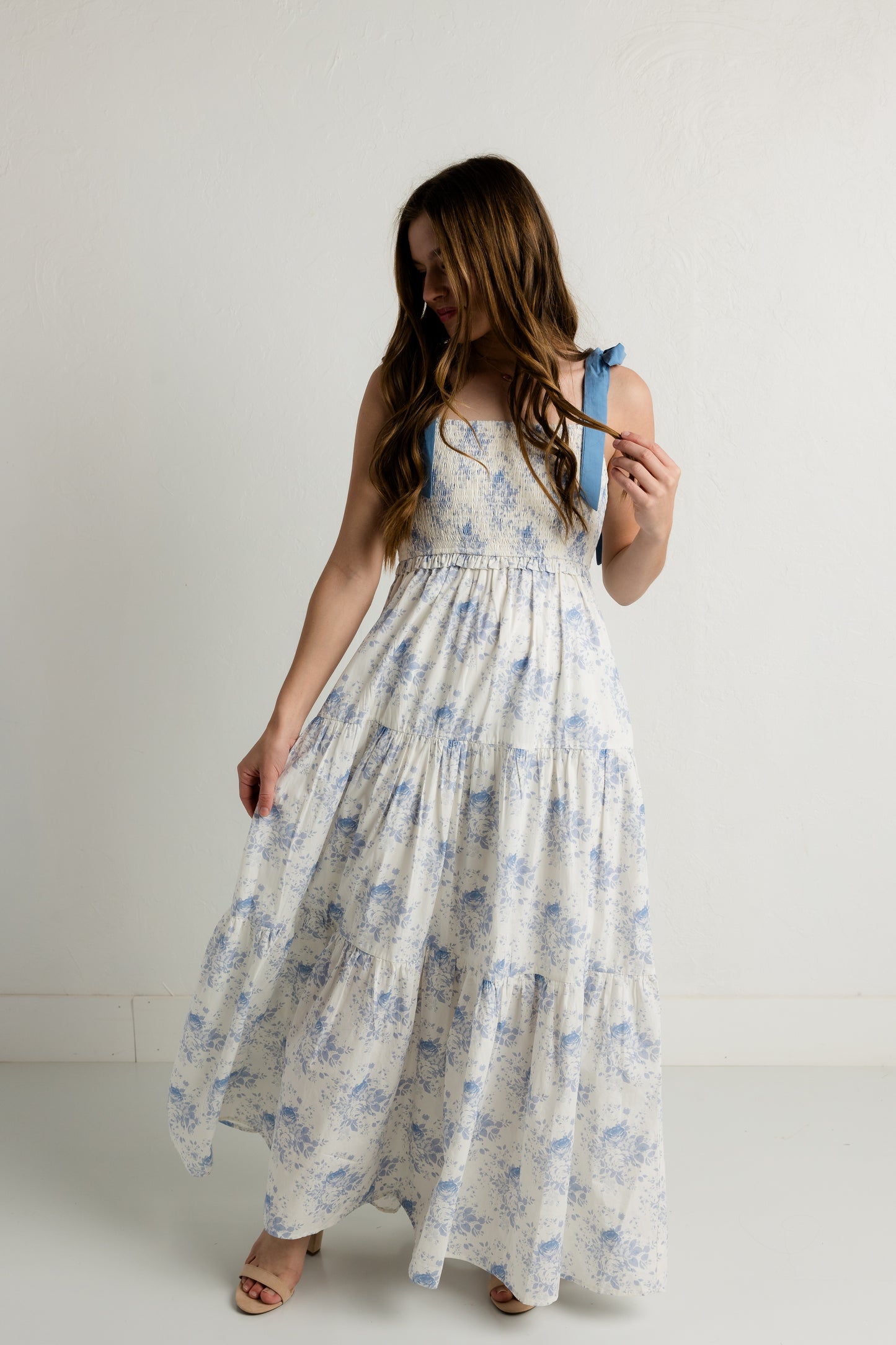 Cream/Blue Floral Maxi Dress
