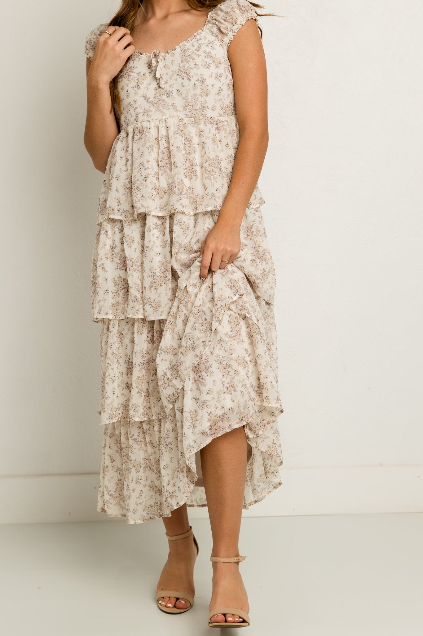 Layered Floral Dress in Cream