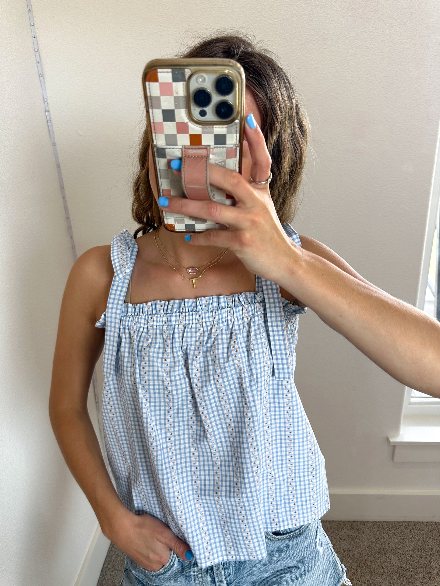 Gingham & Peach Blouse Tank