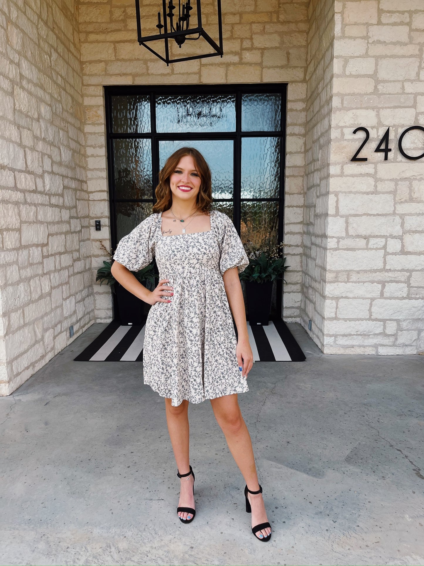 Cream Floral Square Neck Dress