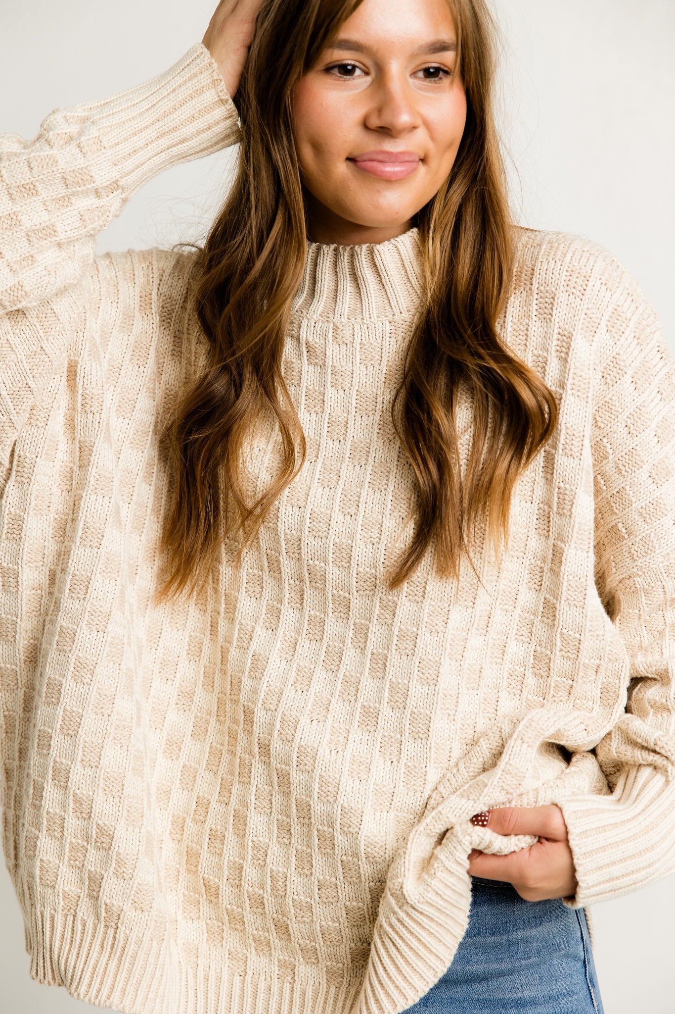 Beige Oversized Mock Neck Sweater