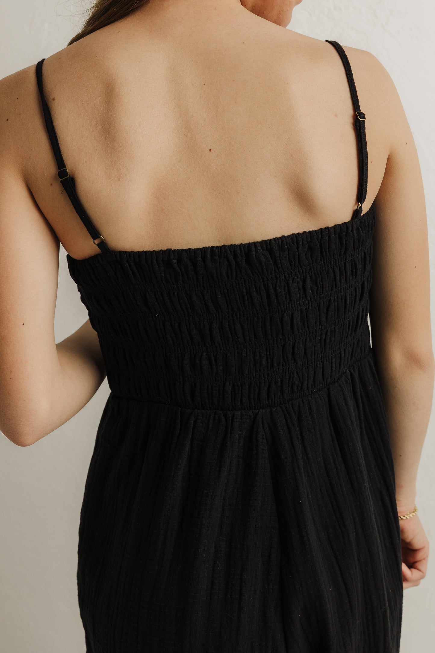 Black Smocked Gauze Jumpsuit (100% Cotton)