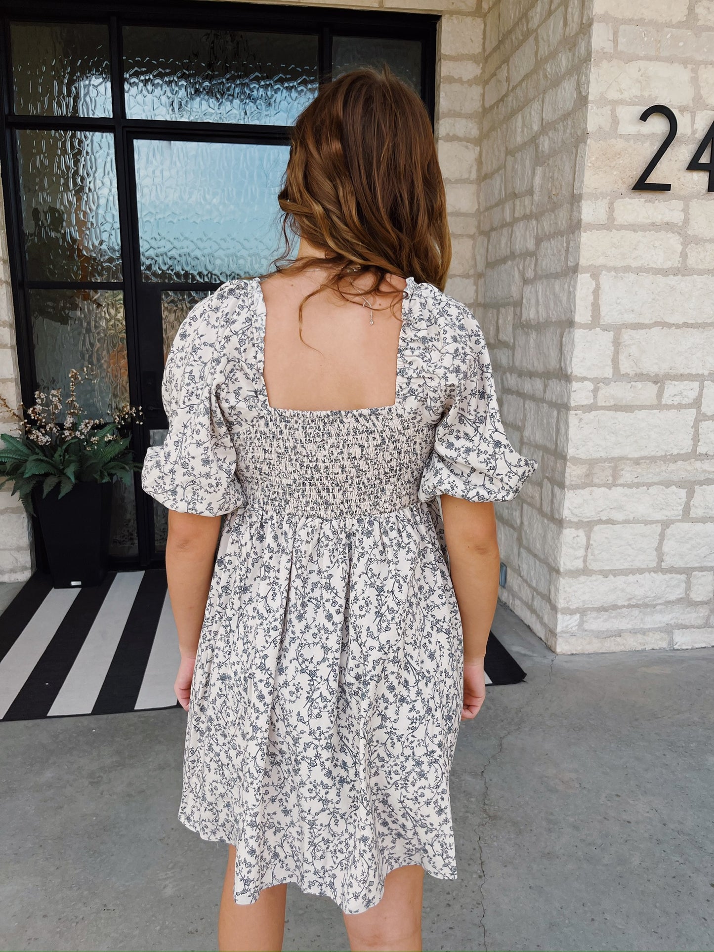 Cream Floral Square Neck Dress
