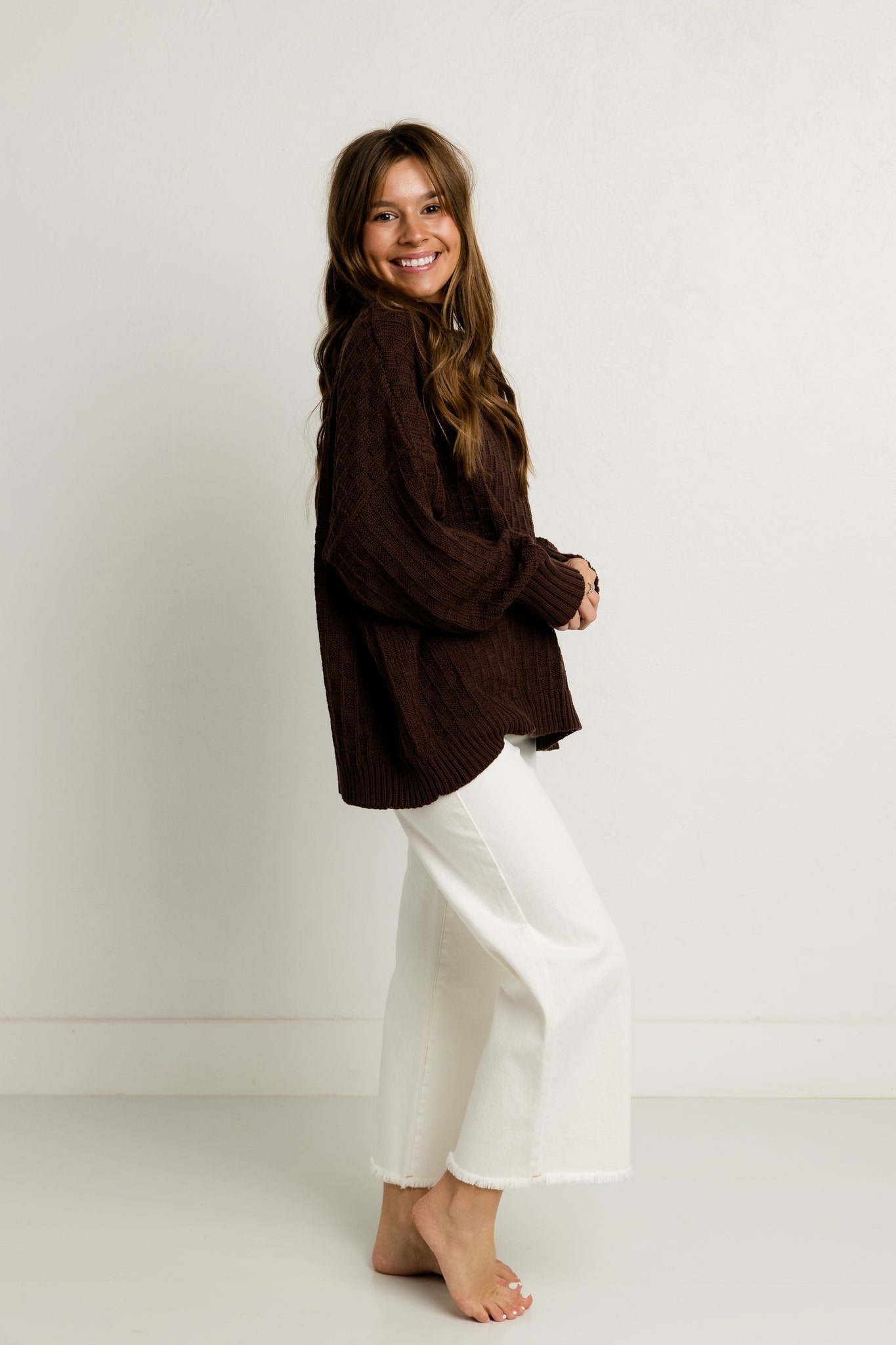 Brown Mock Neck Checkered Sweater