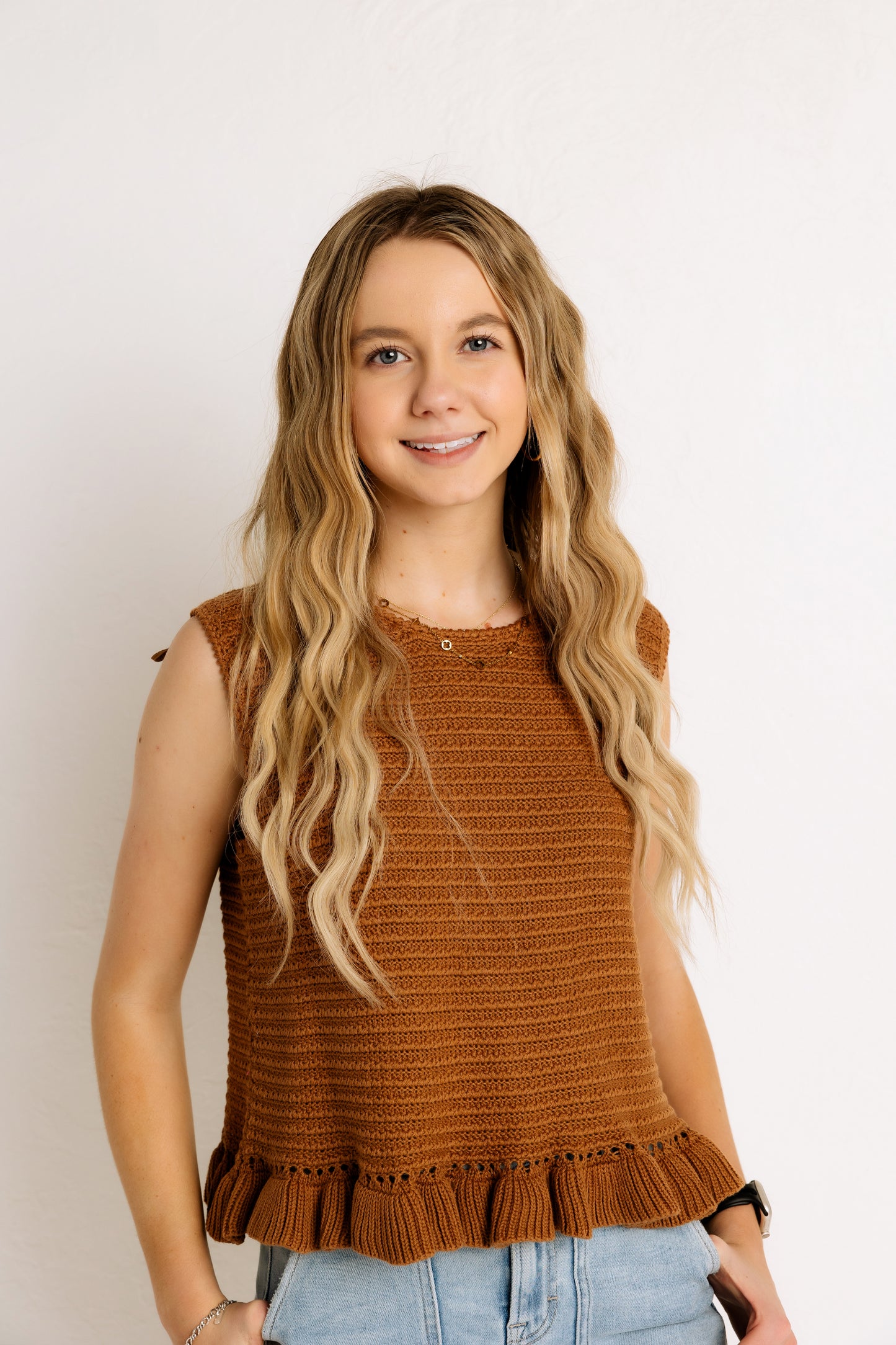 Textured Ruffle Hem Sweater Tank in Camel