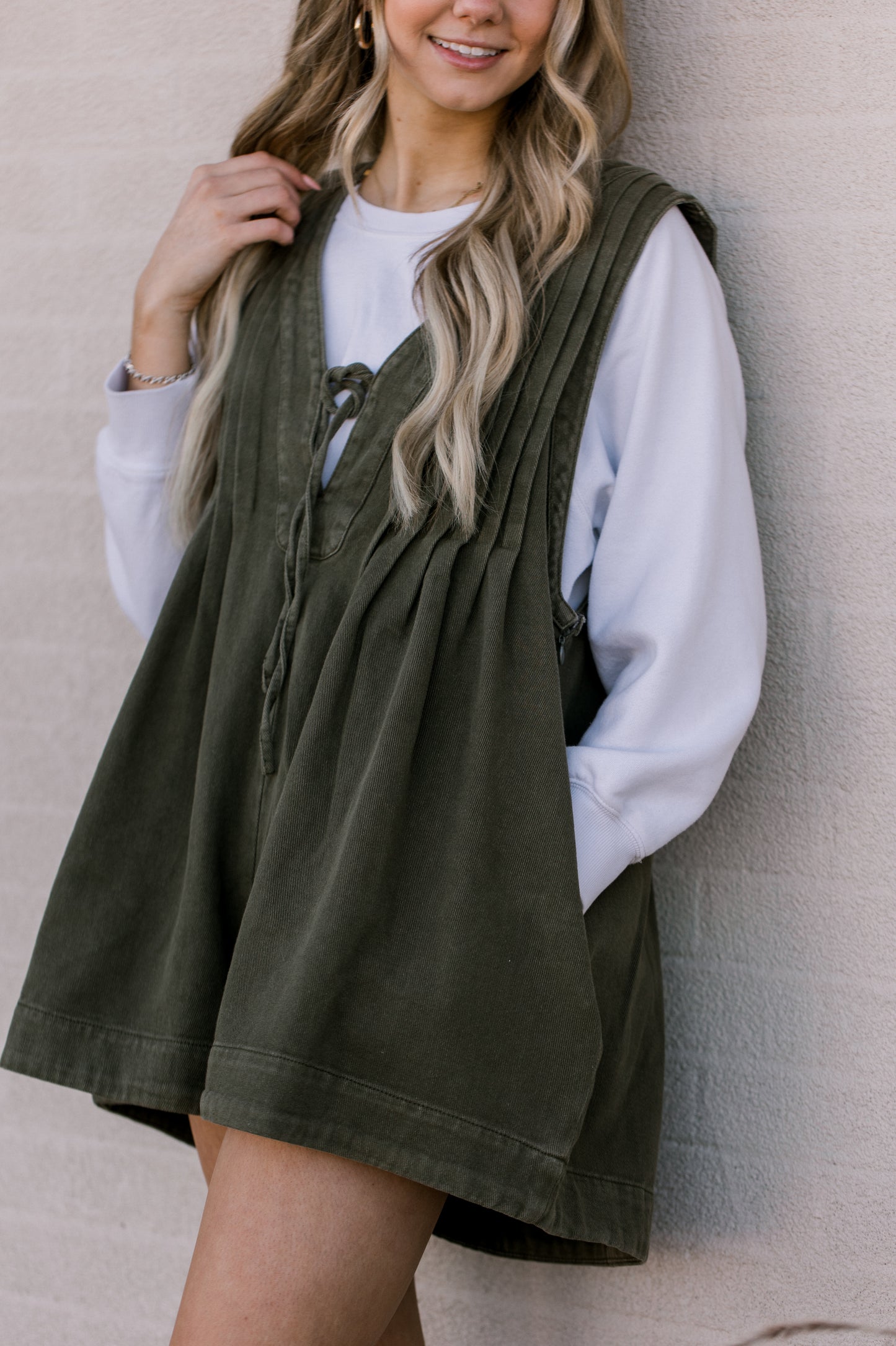 Olive Green Pleated Denim Romper