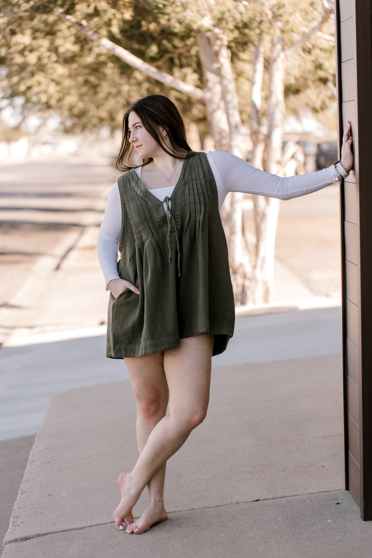 Olive Green Pleated Denim Romper