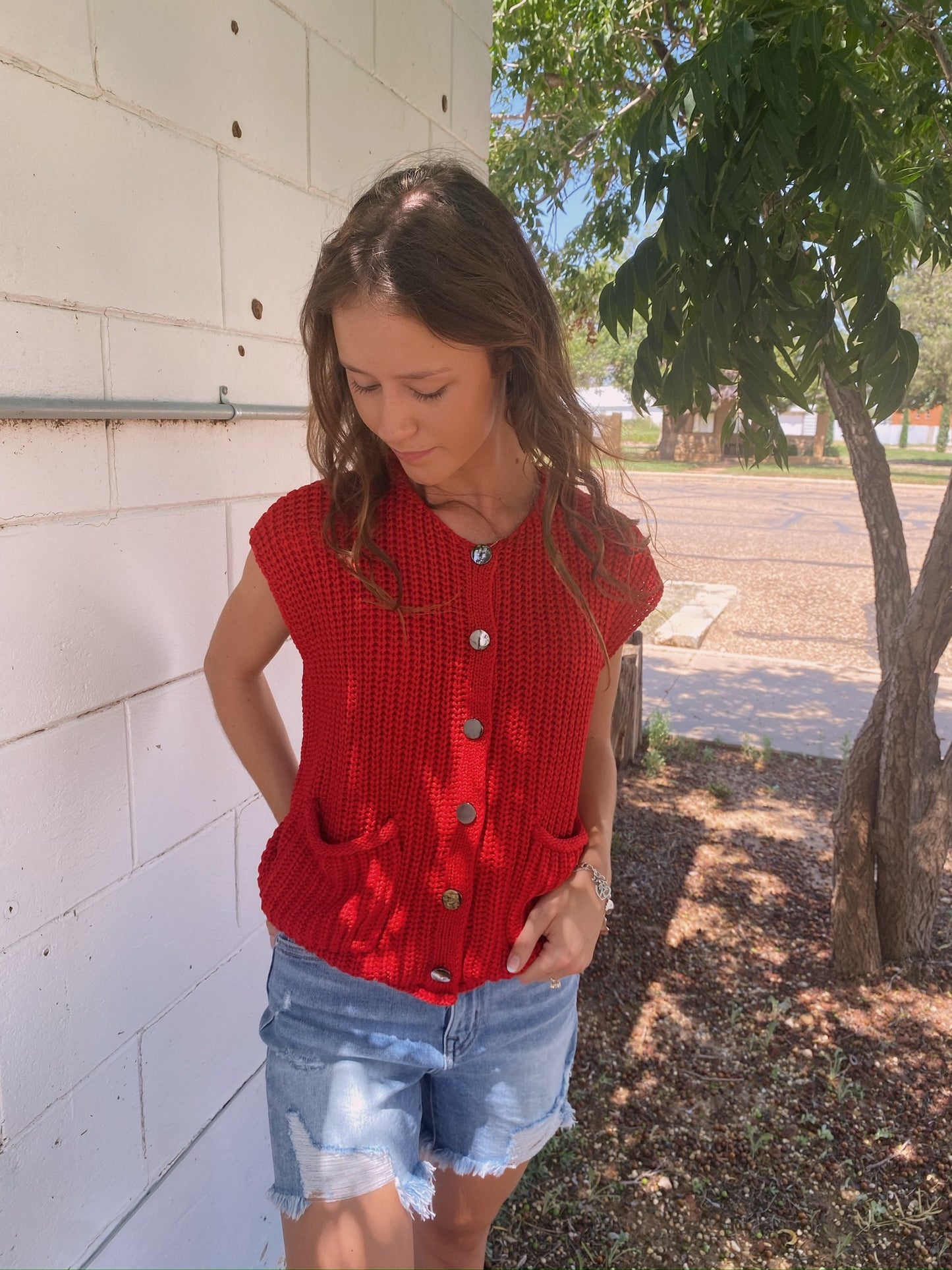 Button Front Sweater in Red