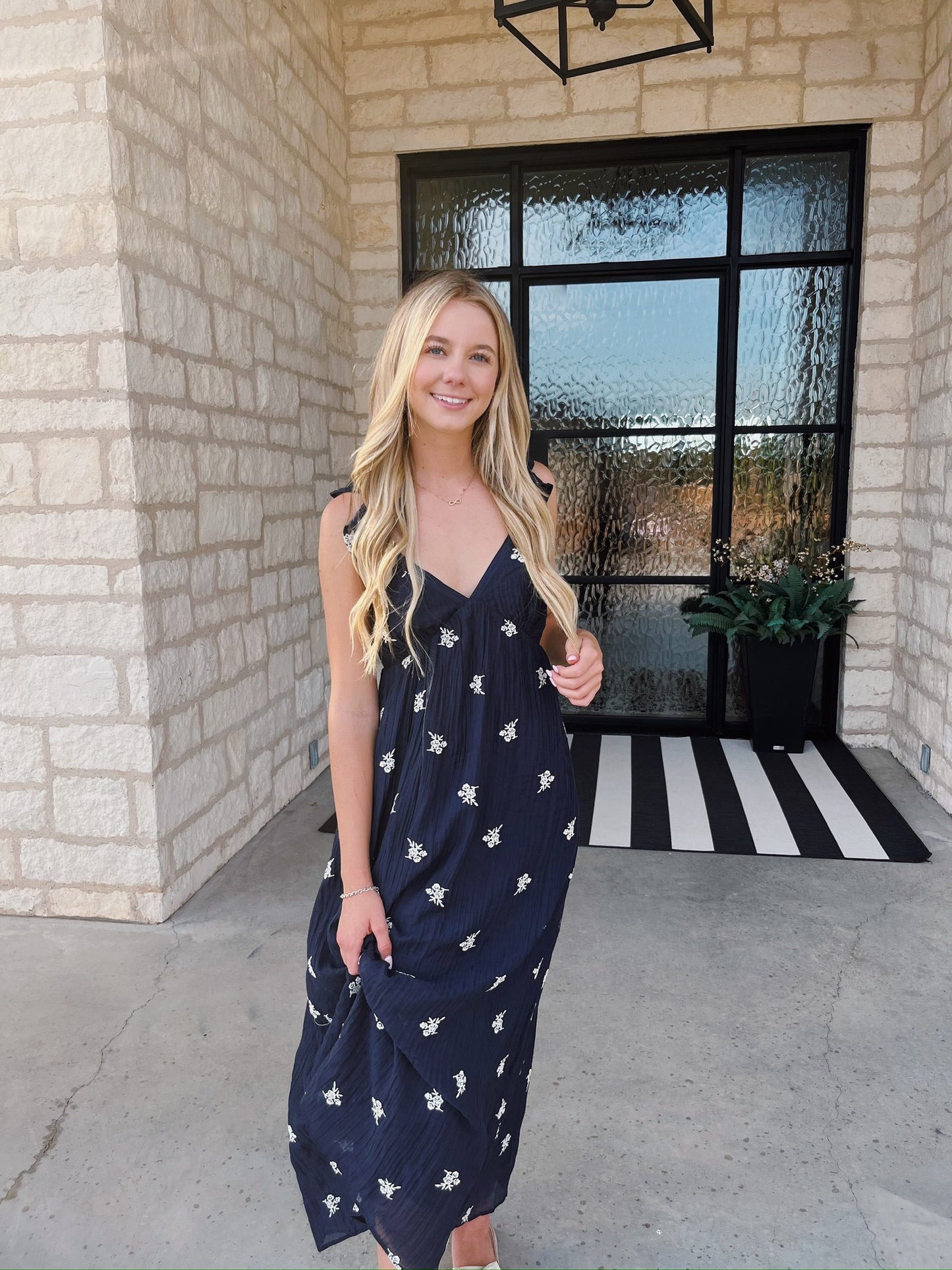 Navy Floral Embroidered Dress