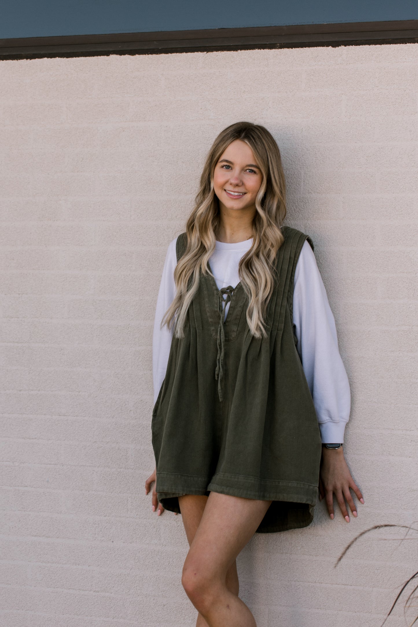 Olive Green Pleated Denim Romper