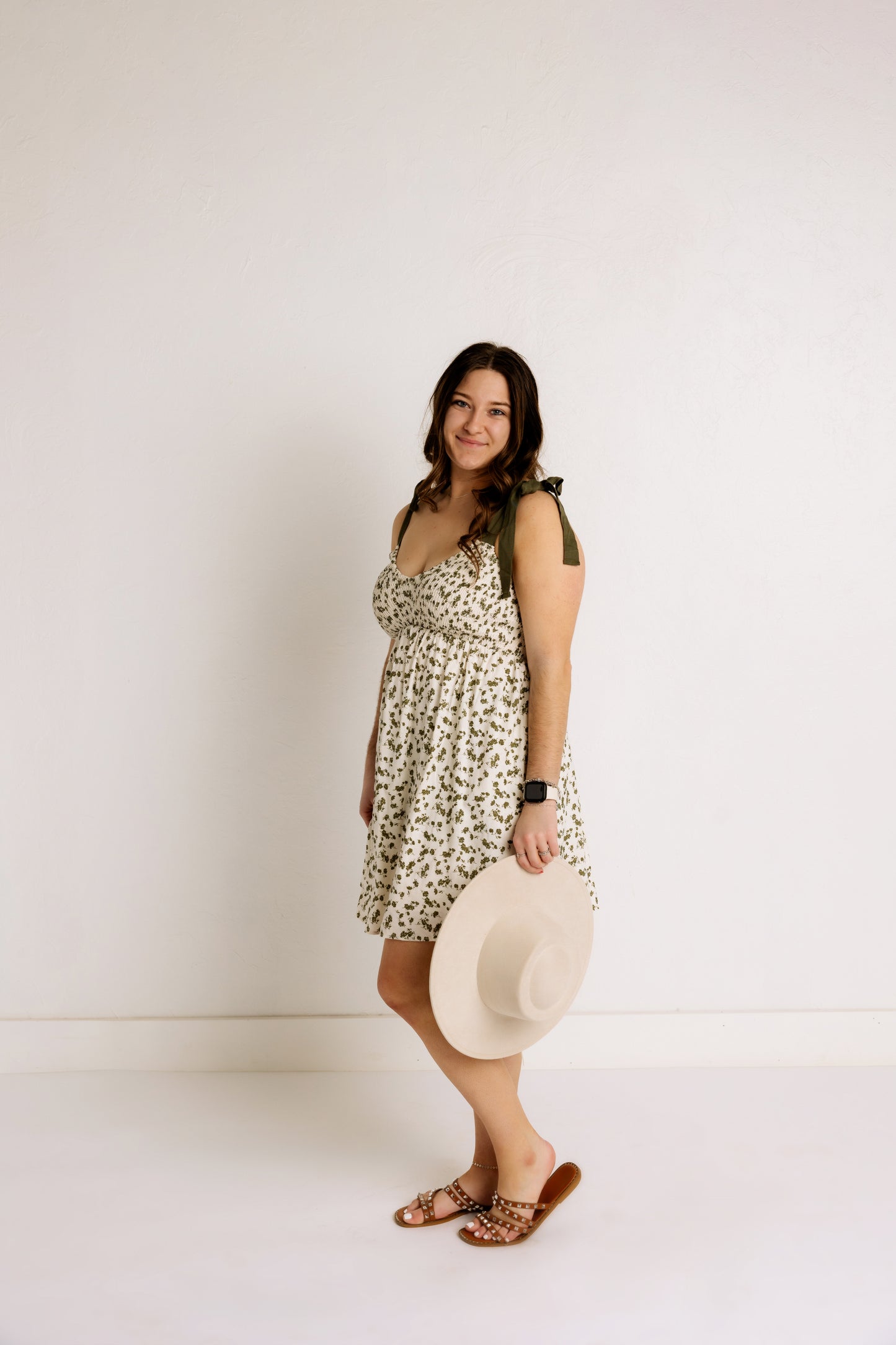 Floral Bow-Tie Dress in Olive (100% Cotton)