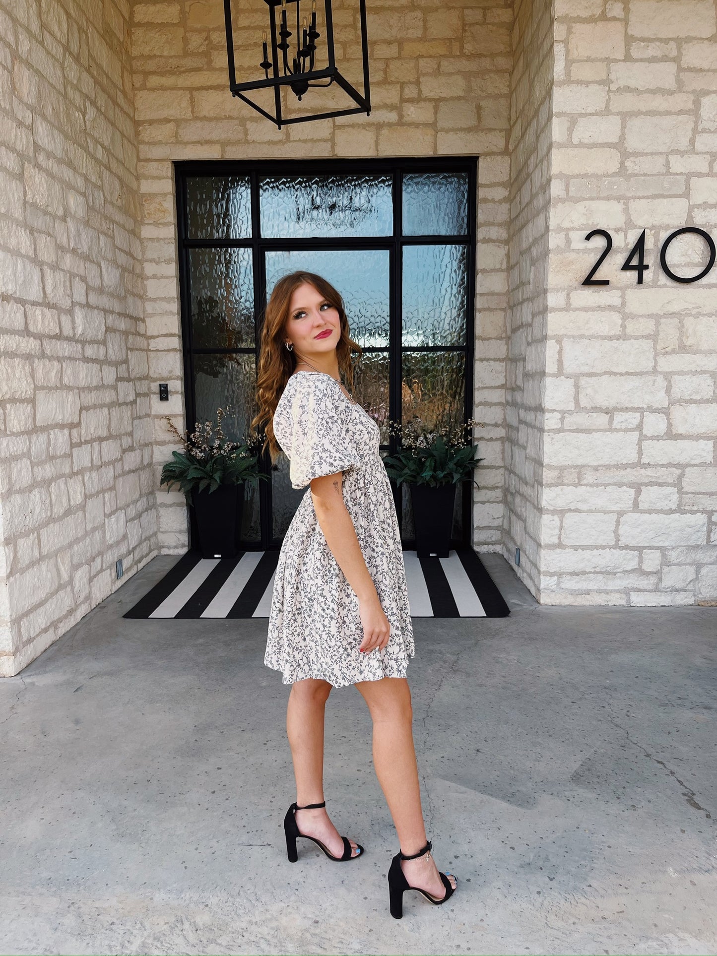 Cream Floral Square Neck Dress