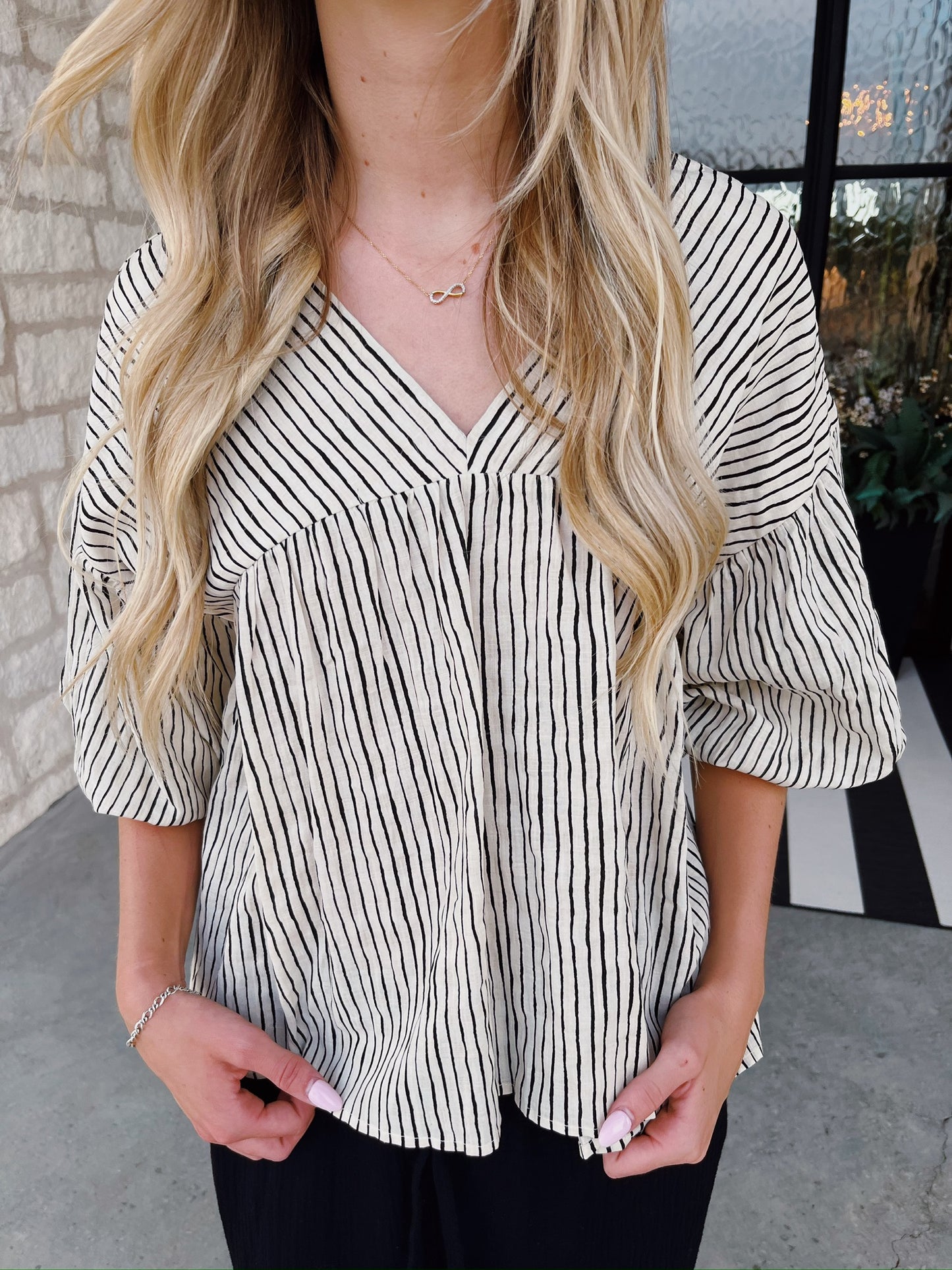 Striped Balloon Sleeve Top