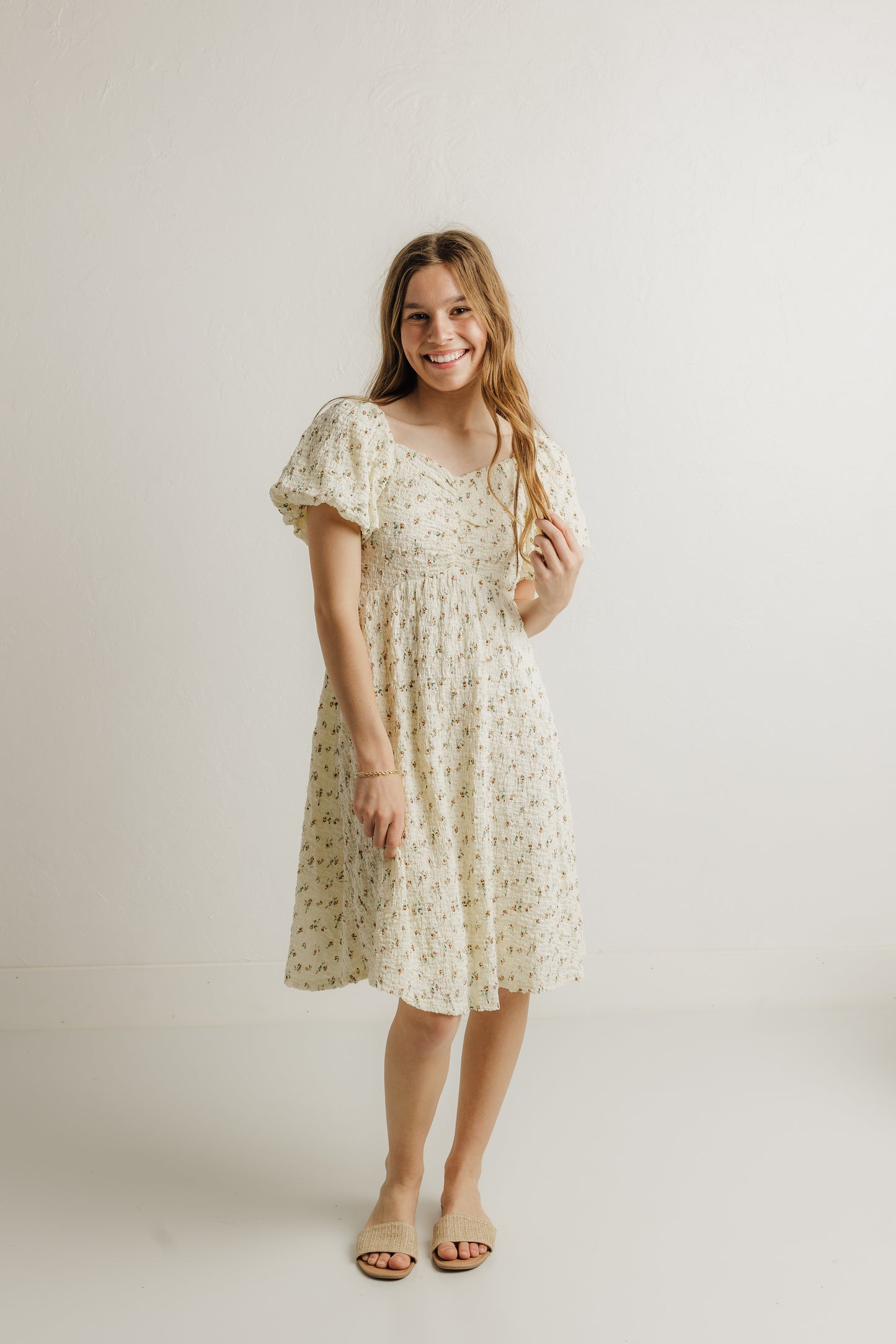 Cream Textured Floral Mini Dress