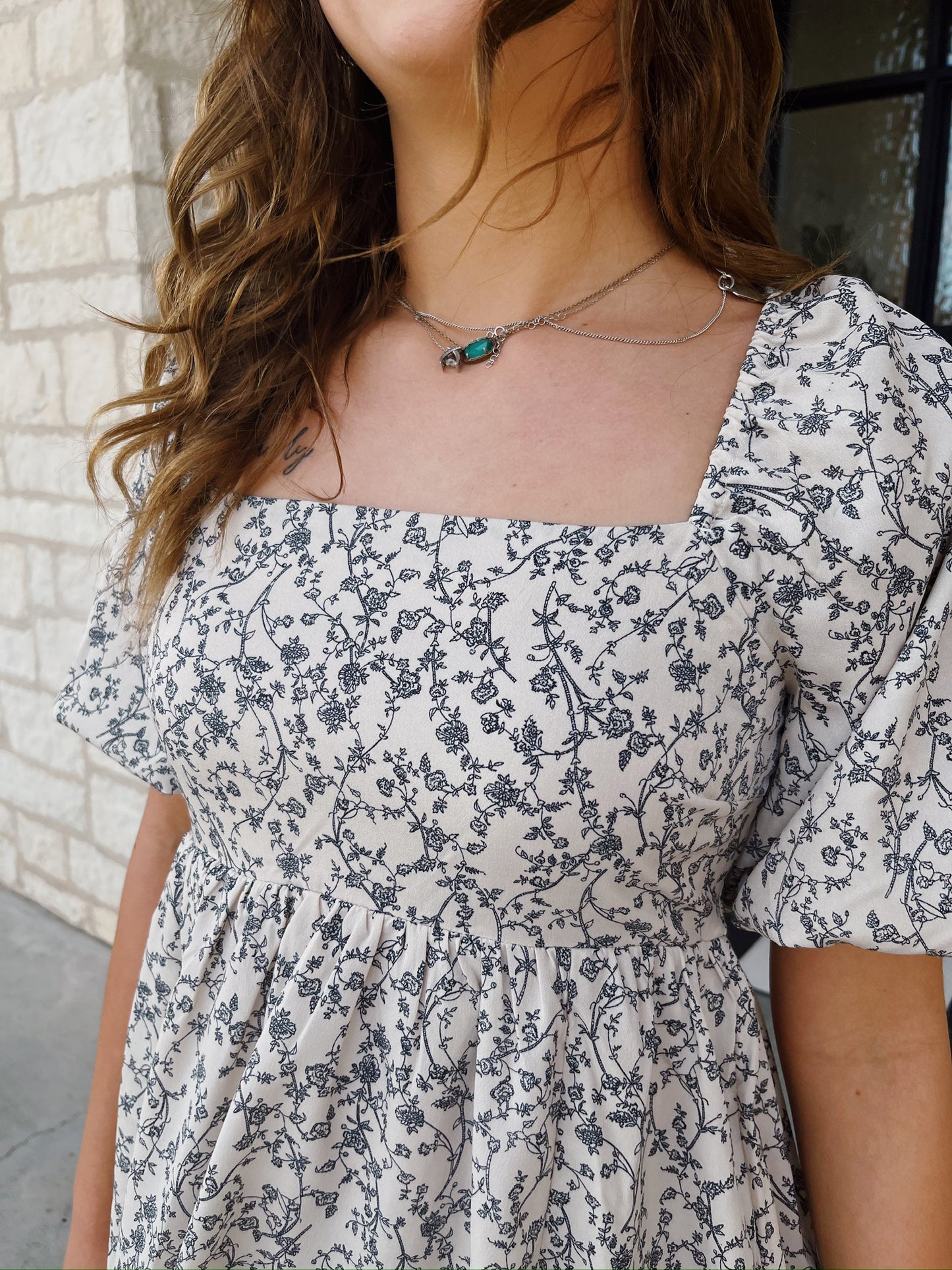 Cream Floral Square Neck Dress