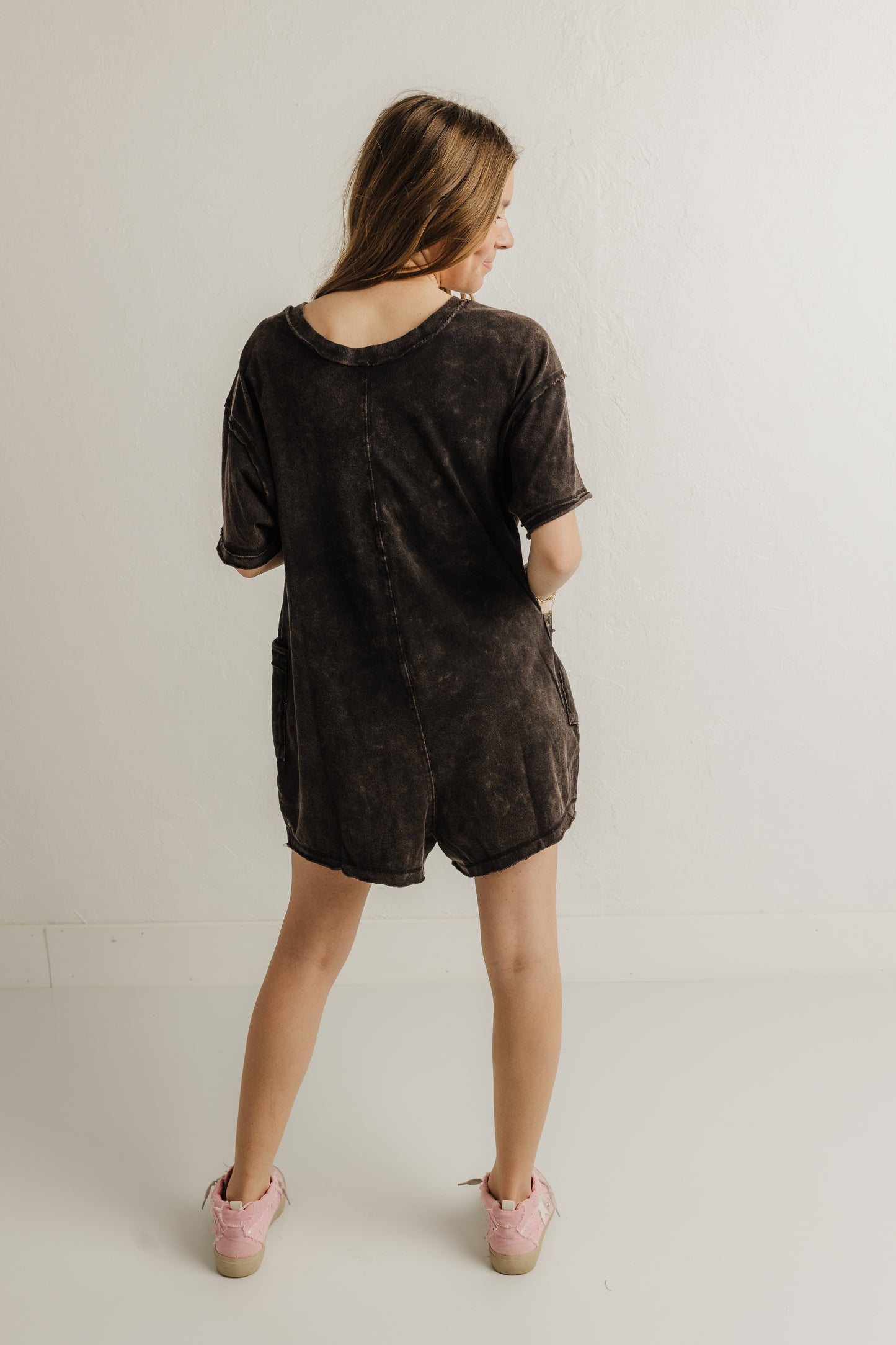 Mineral Washed Romper in Black