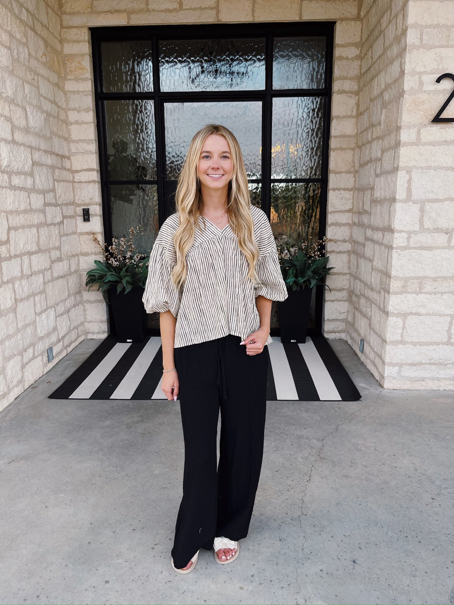 Striped Balloon Sleeve Top