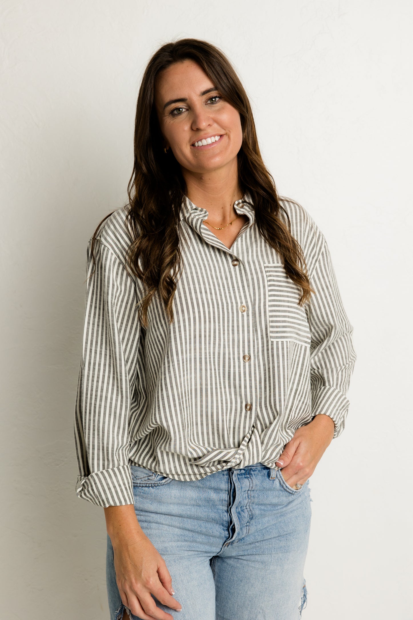 Grey Striped Button Down Shirt