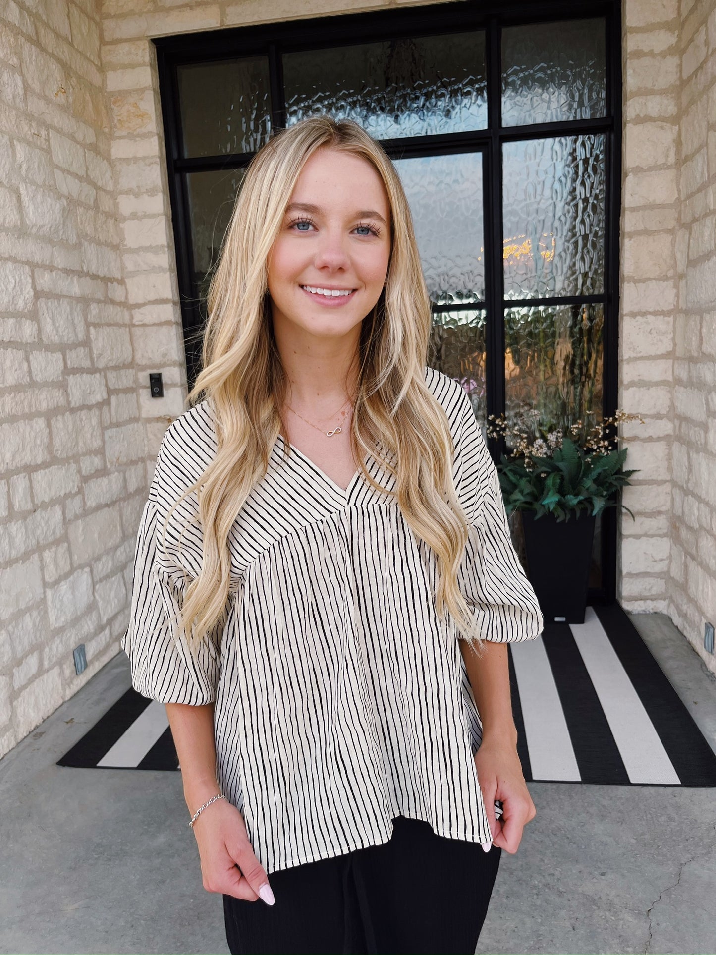 Striped Balloon Sleeve Top