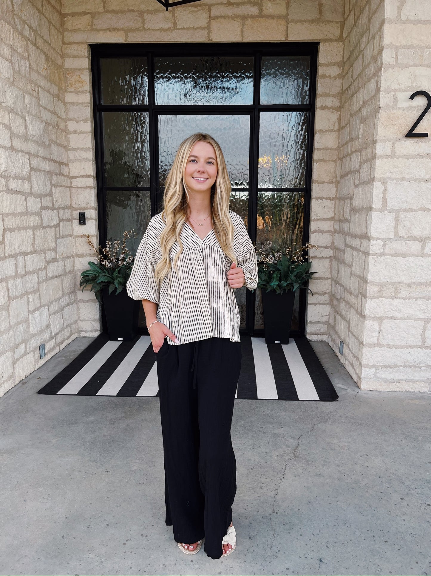 Striped Balloon Sleeve Top