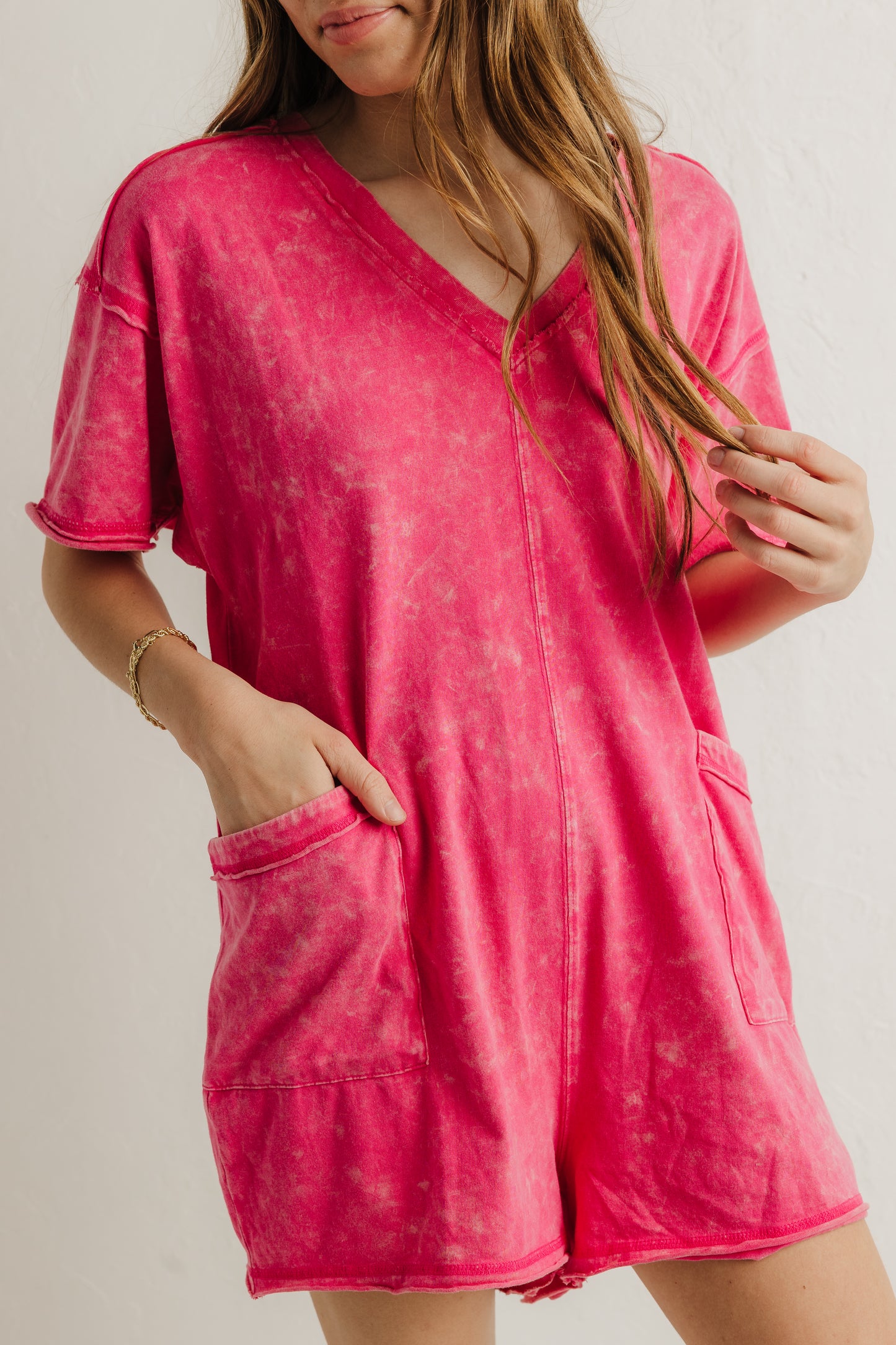 Mineral Washed Romper in Pink