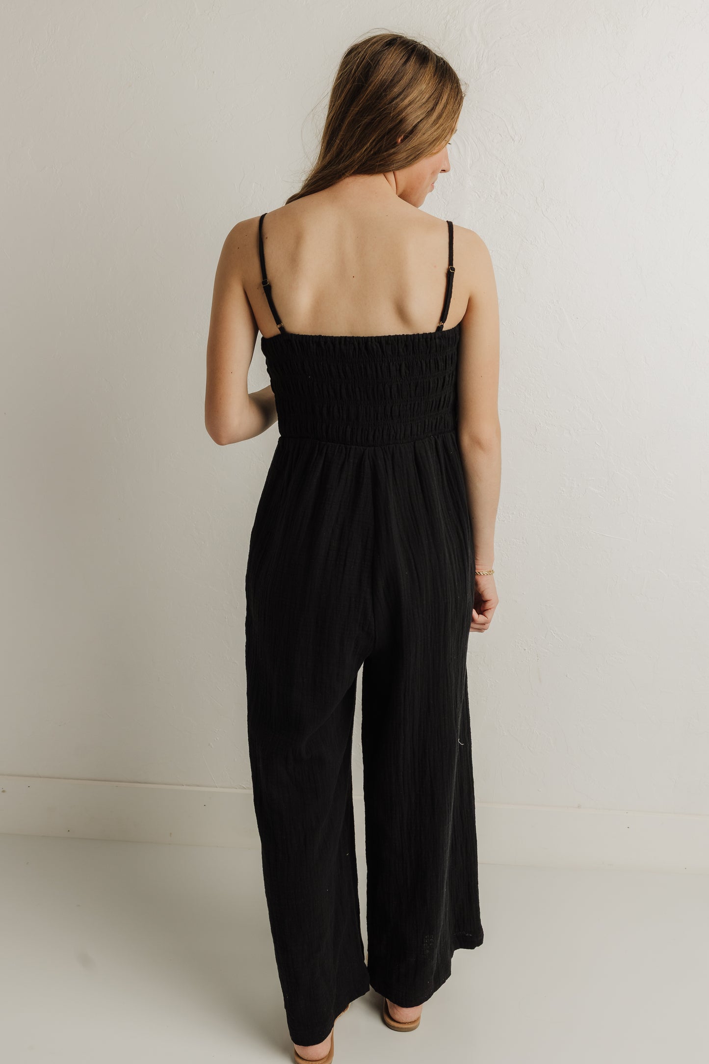 Black Smocked Gauze Jumpsuit (100% Cotton)