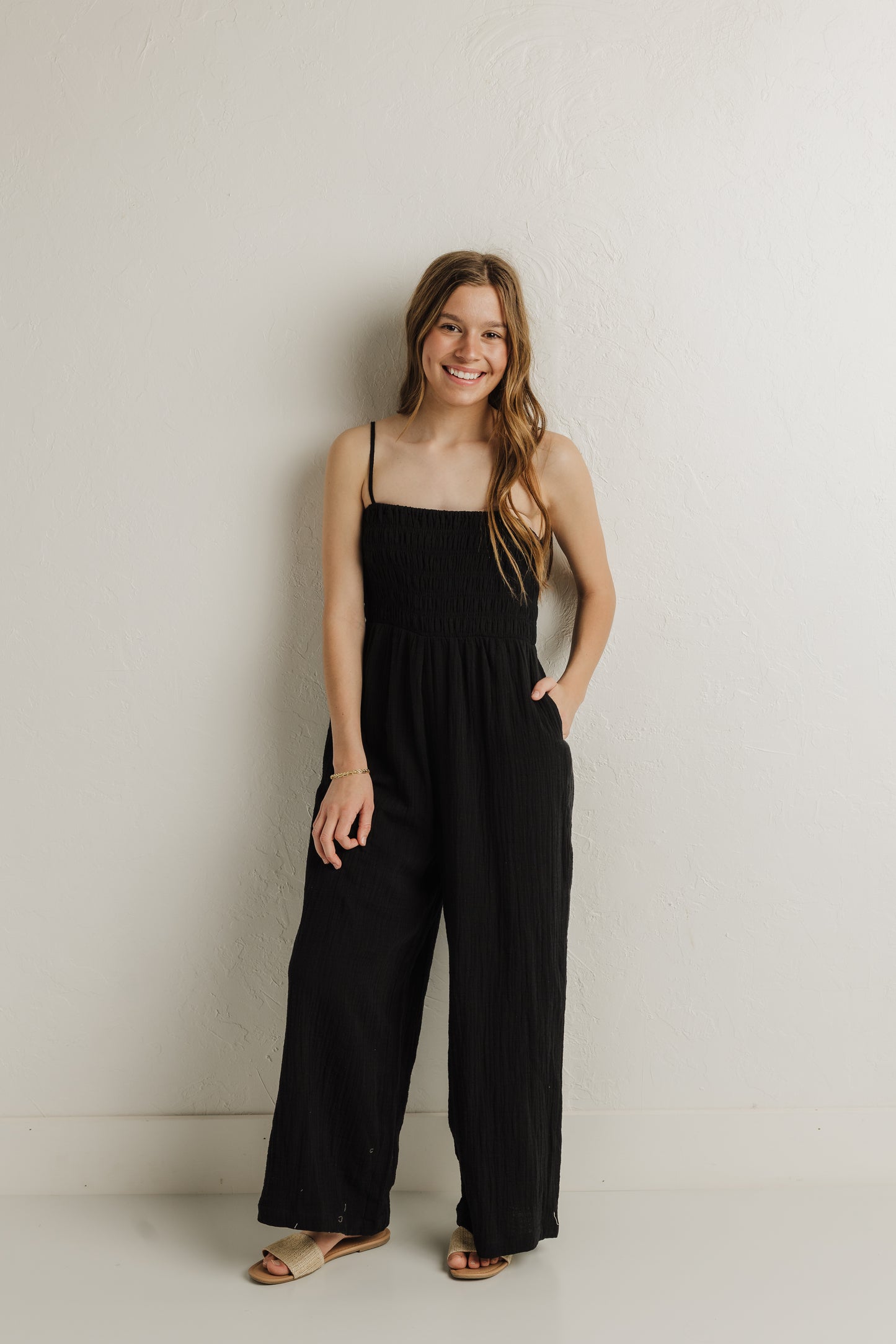 Black Smocked Gauze Jumpsuit (100% Cotton)