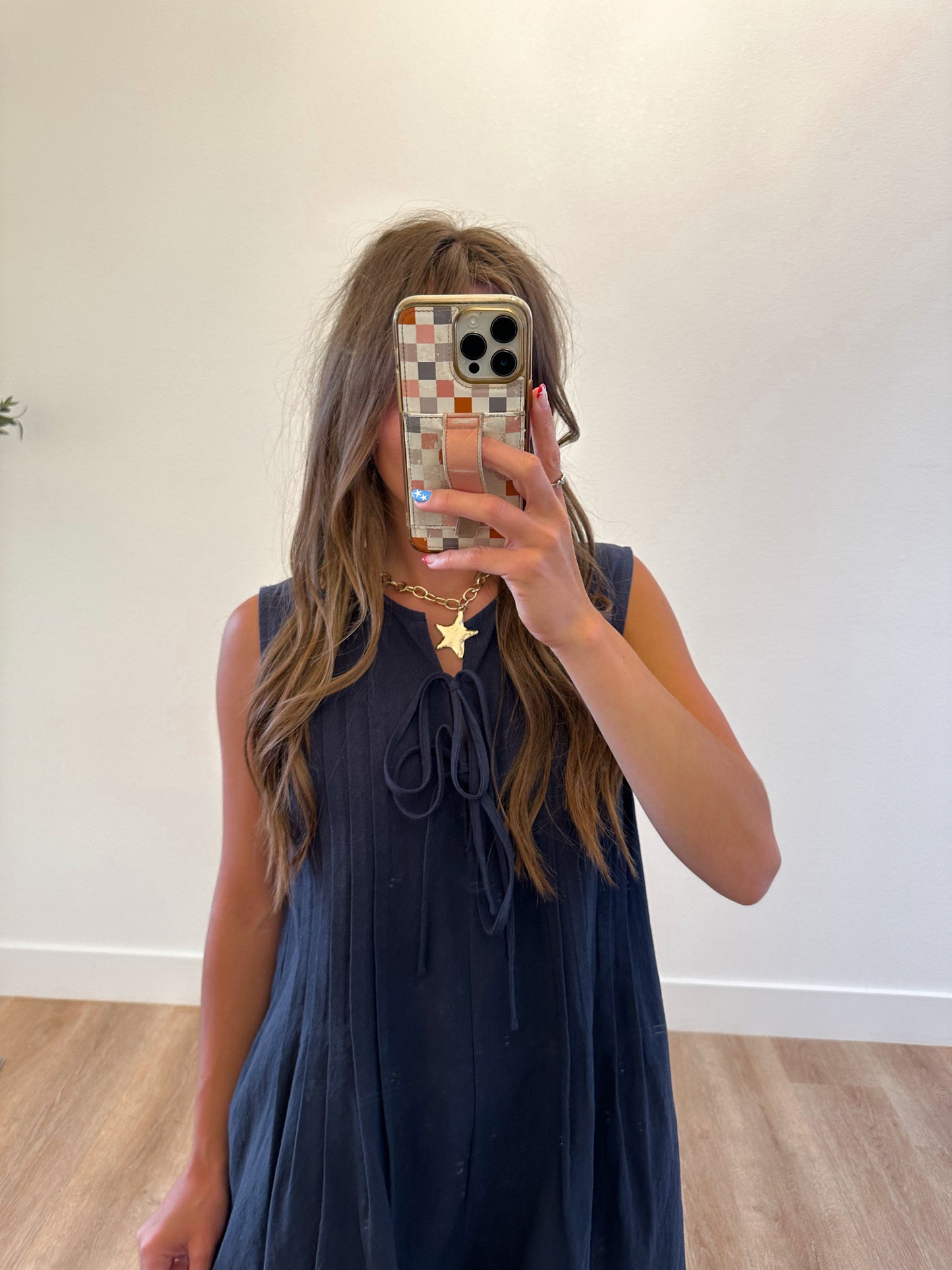 Navy Pleated Romper (100% Cotton)