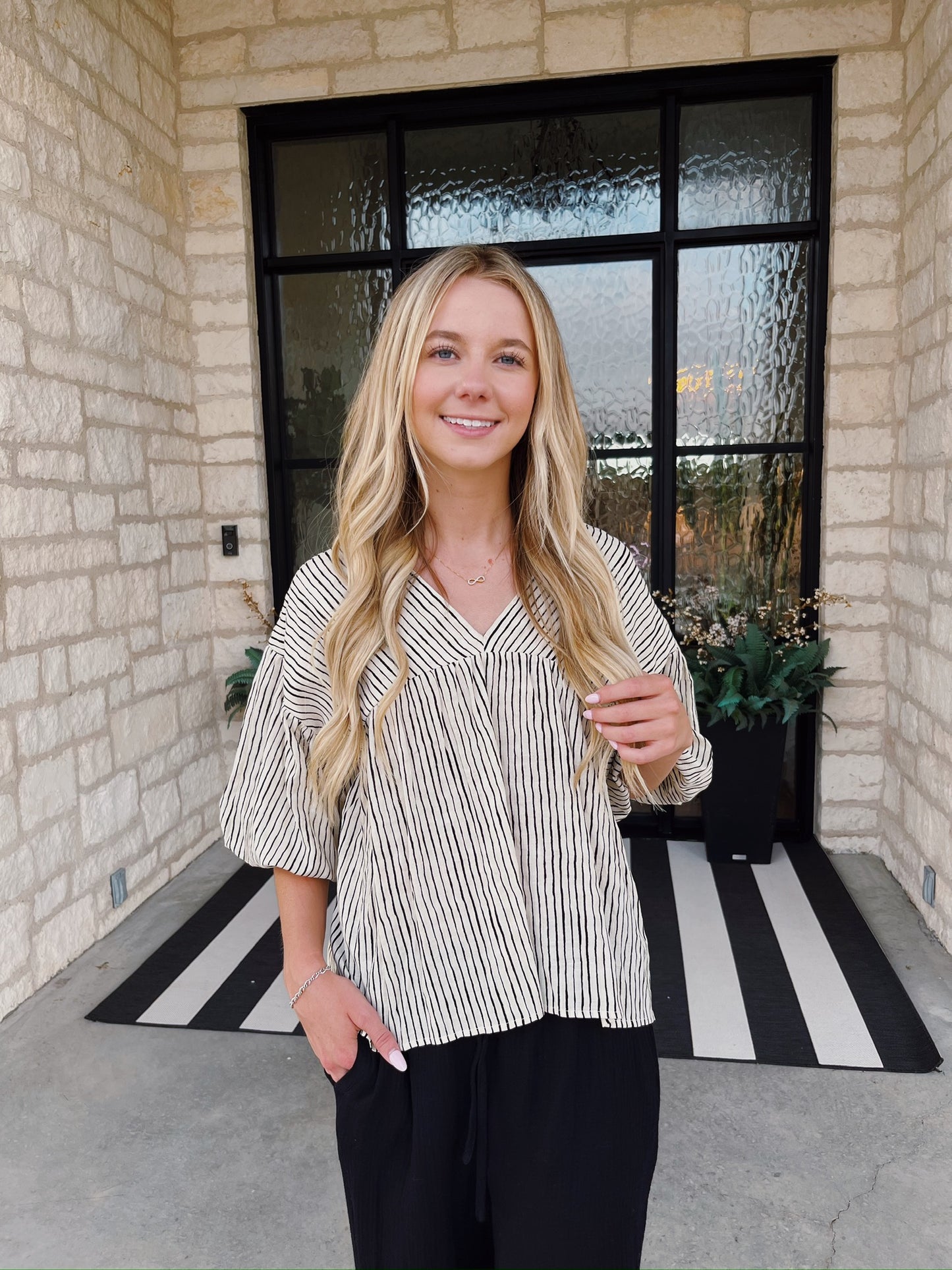 Striped Balloon Sleeve Top