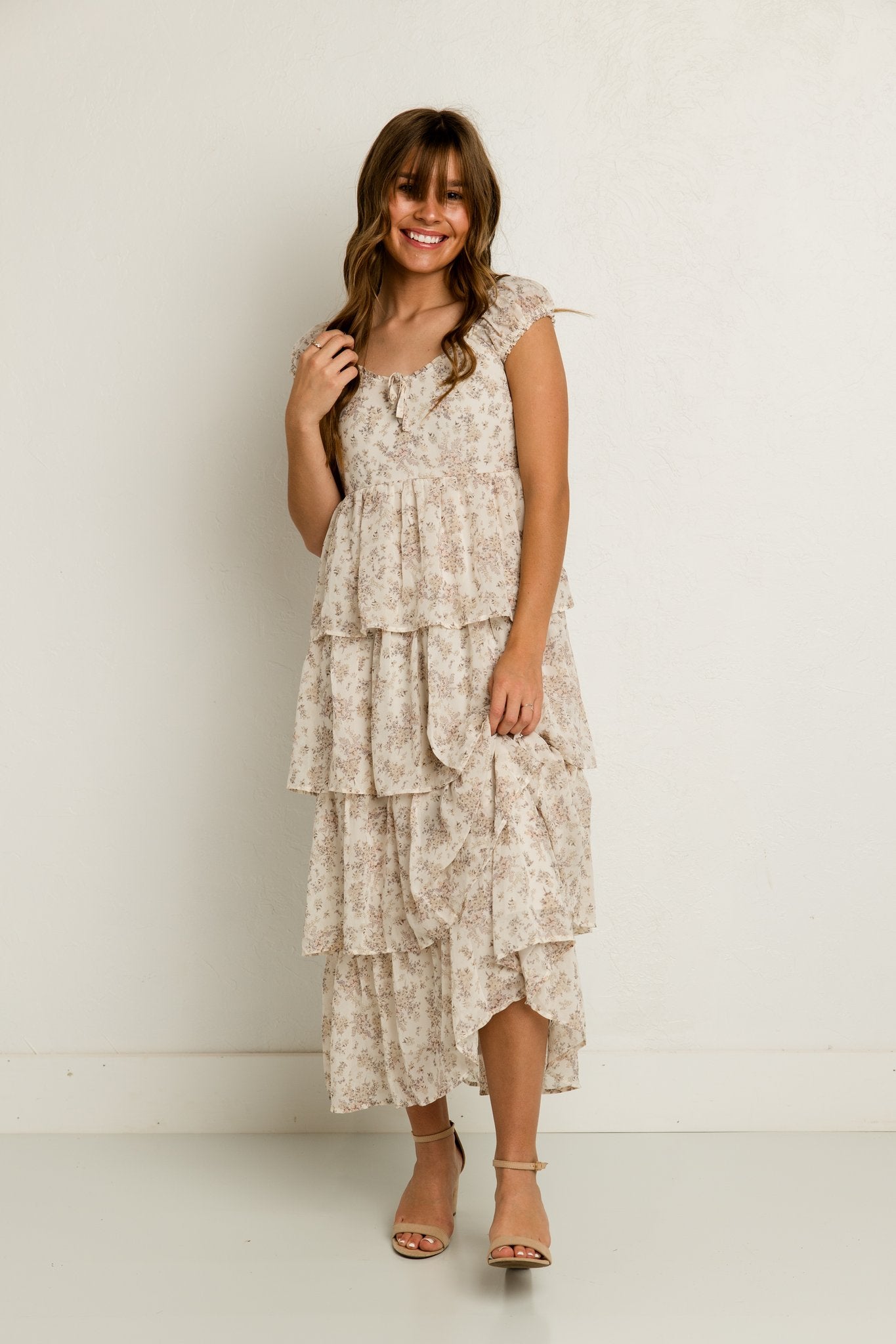 Layered Floral Dress in Cream