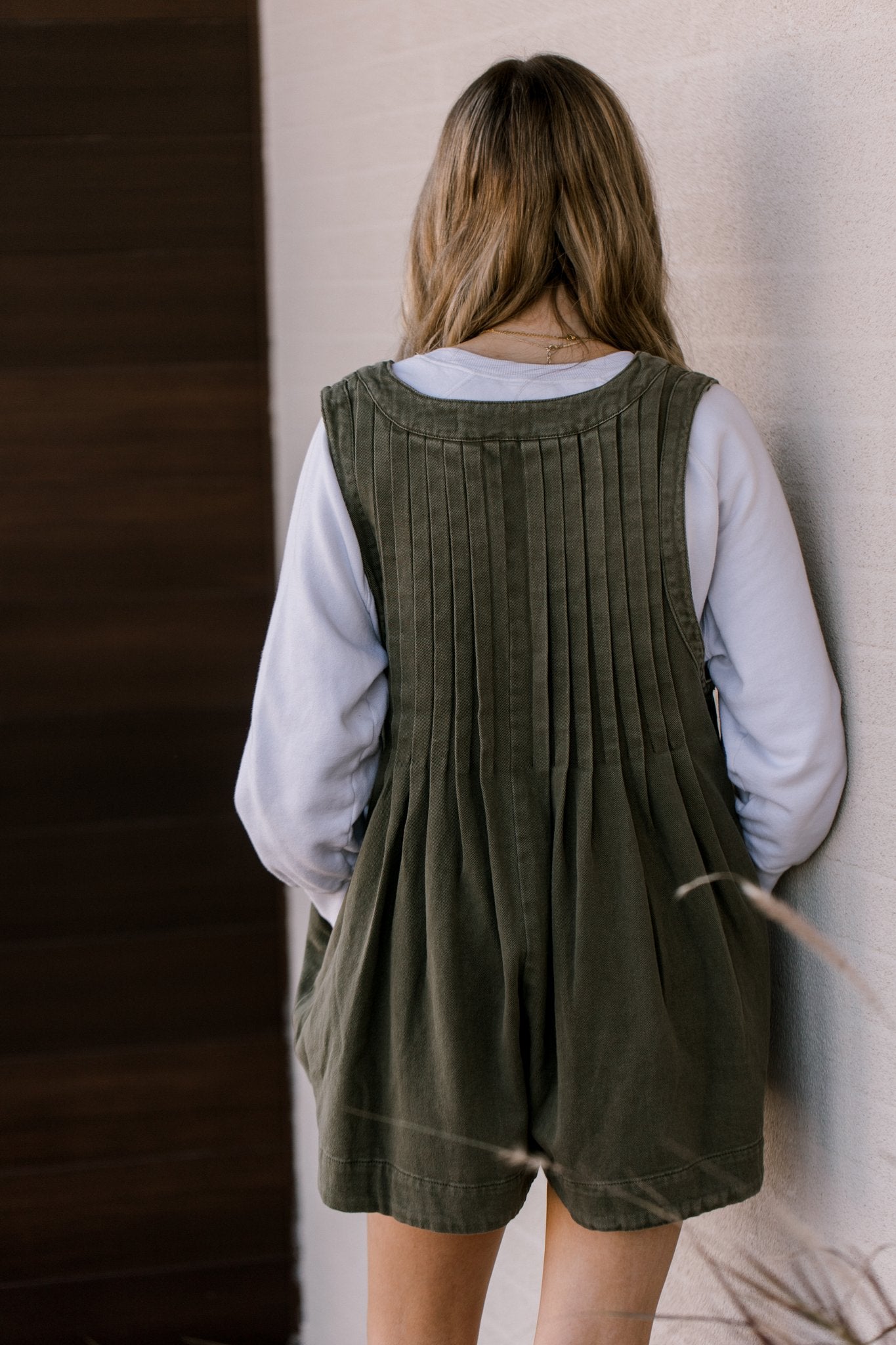 Olive Green Pleated Denim Romper
