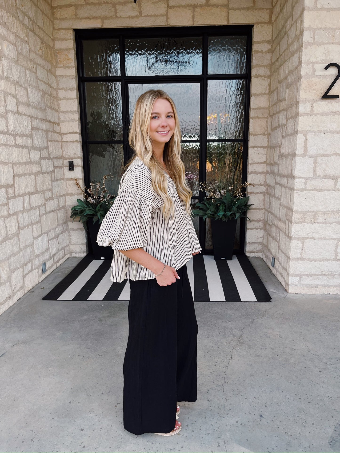 Striped Balloon Sleeve Top