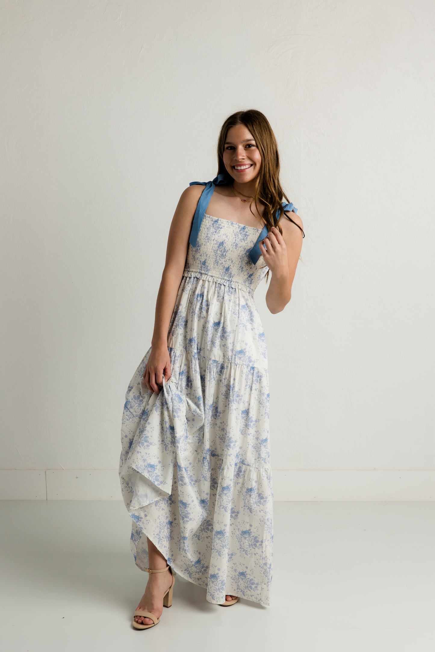 Cream/Blue Floral Maxi Dress
