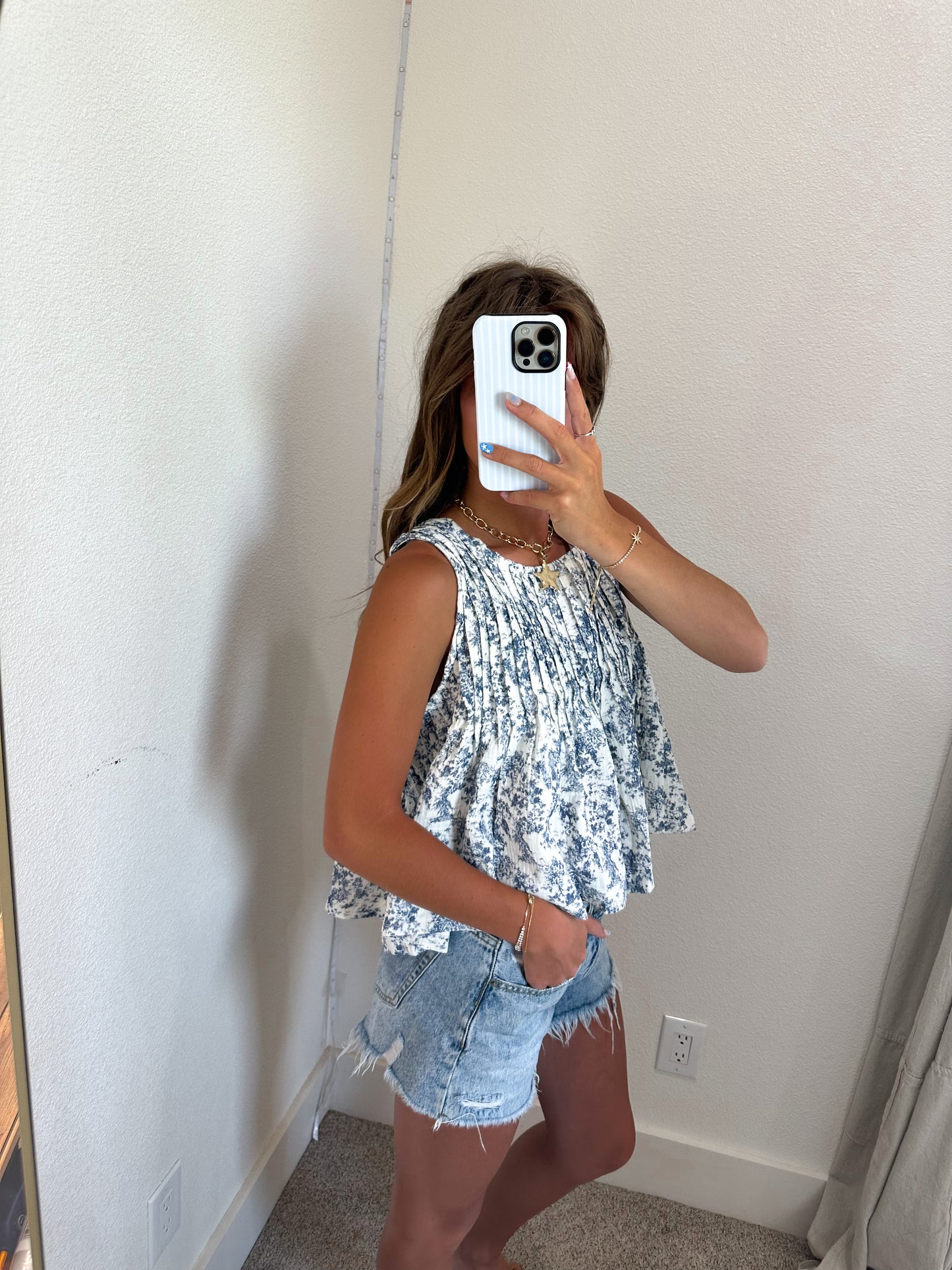 Navy Floral Pleated Tank (100% COTTON)