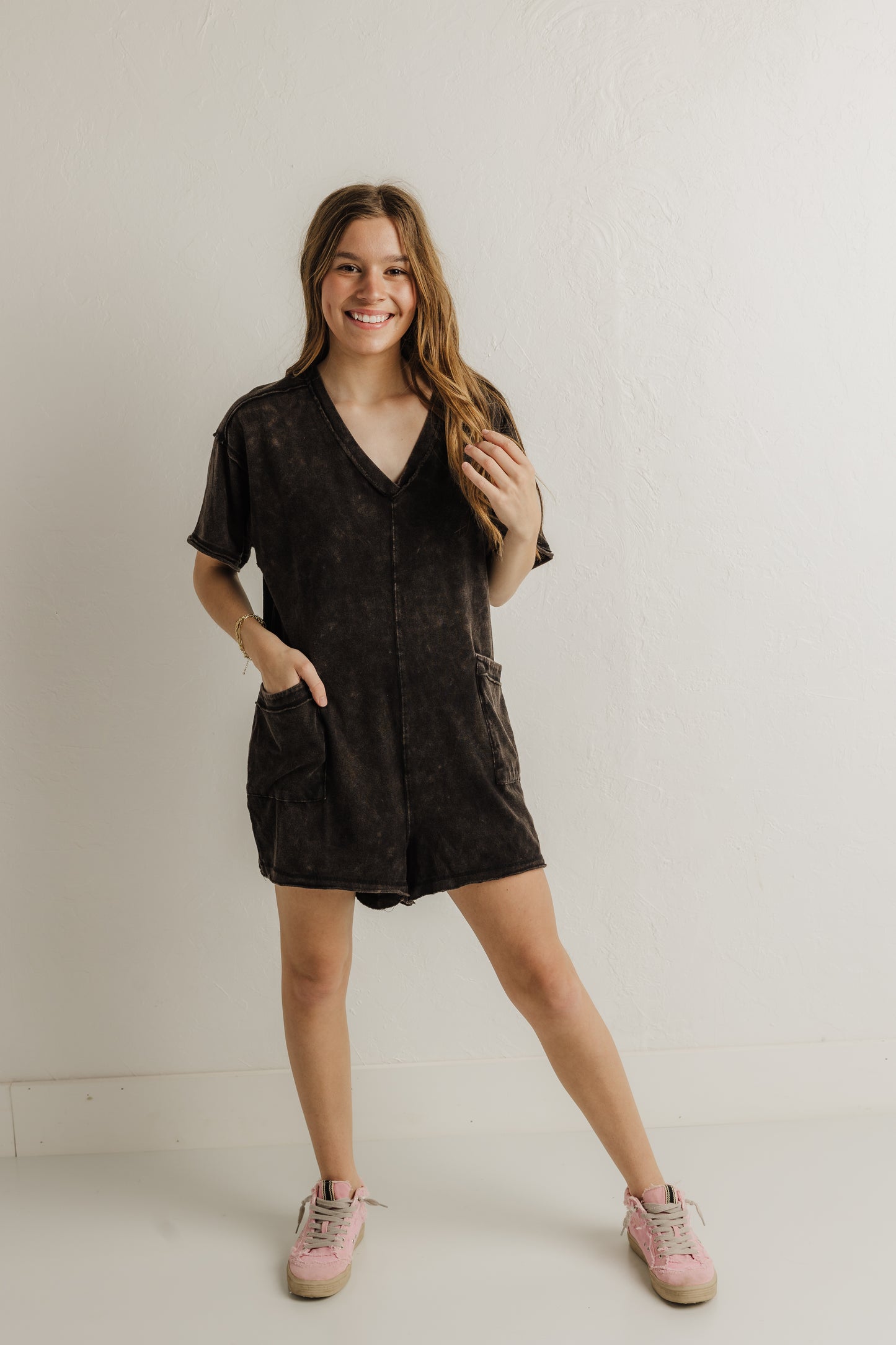 Mineral Washed Romper in Black