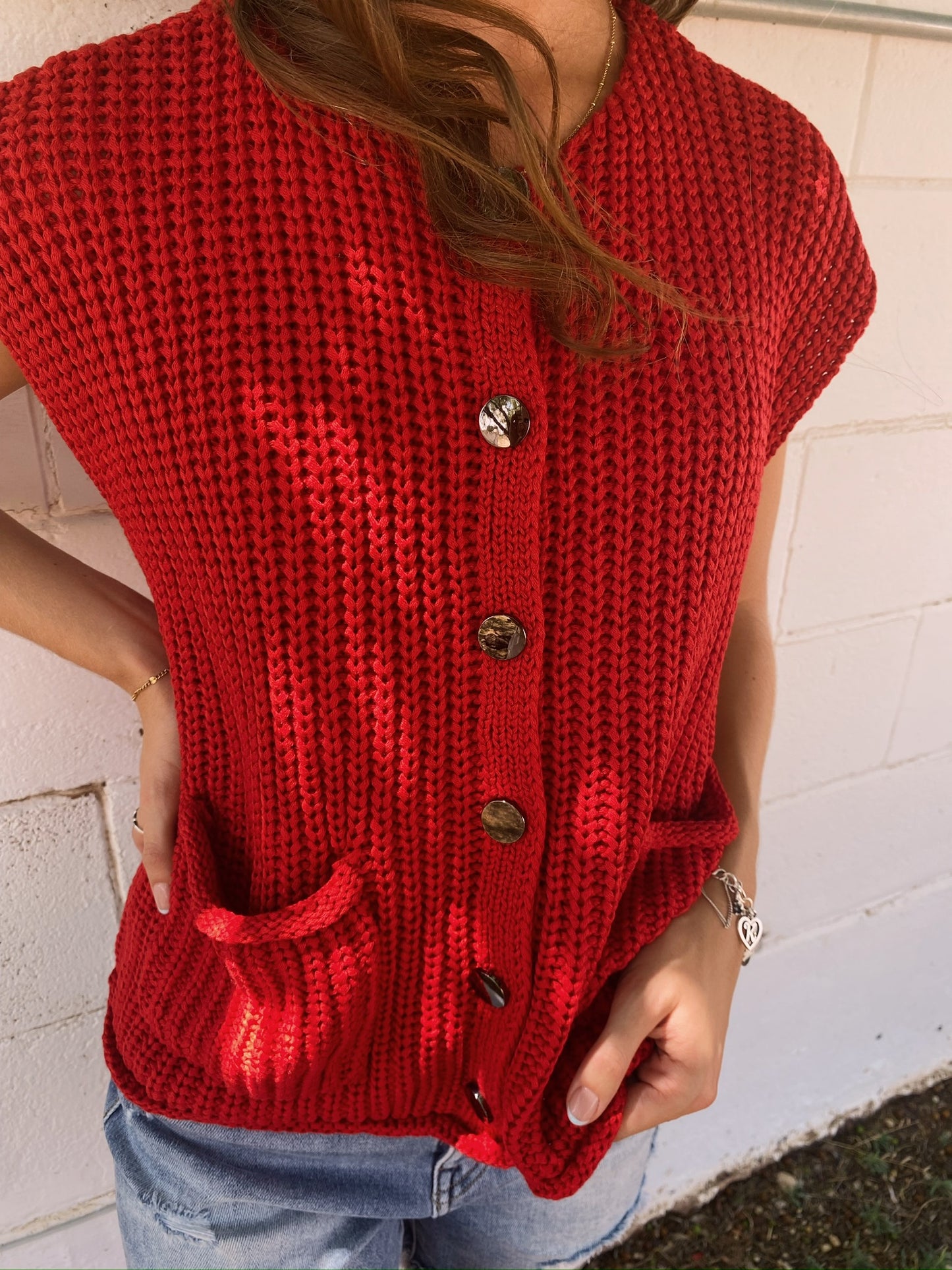 Button Front Sweater in Red
