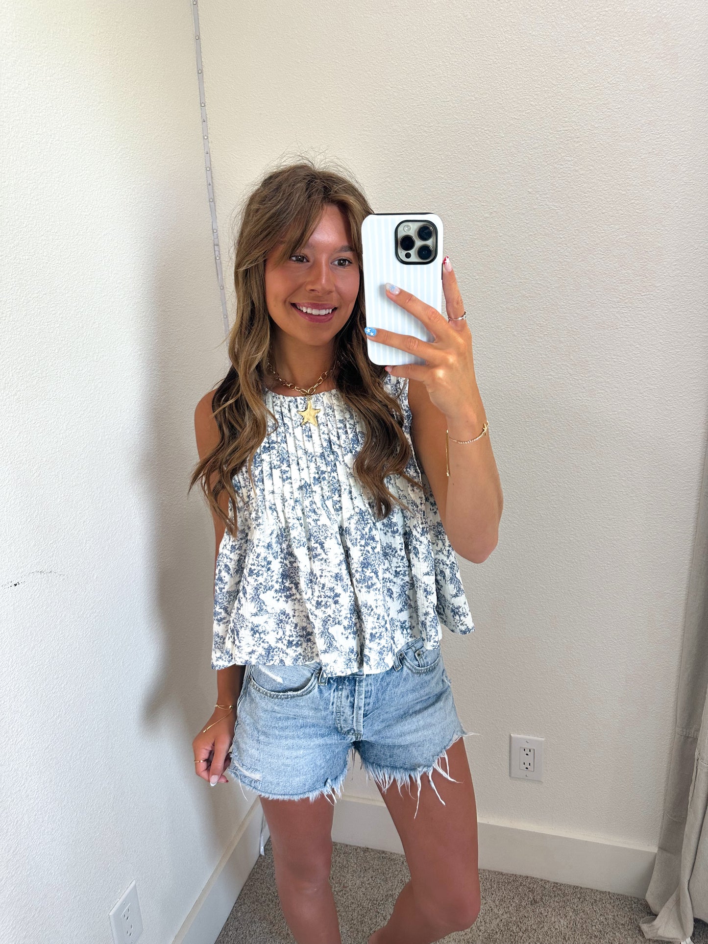 Navy Floral Pleated Tank (100% COTTON)