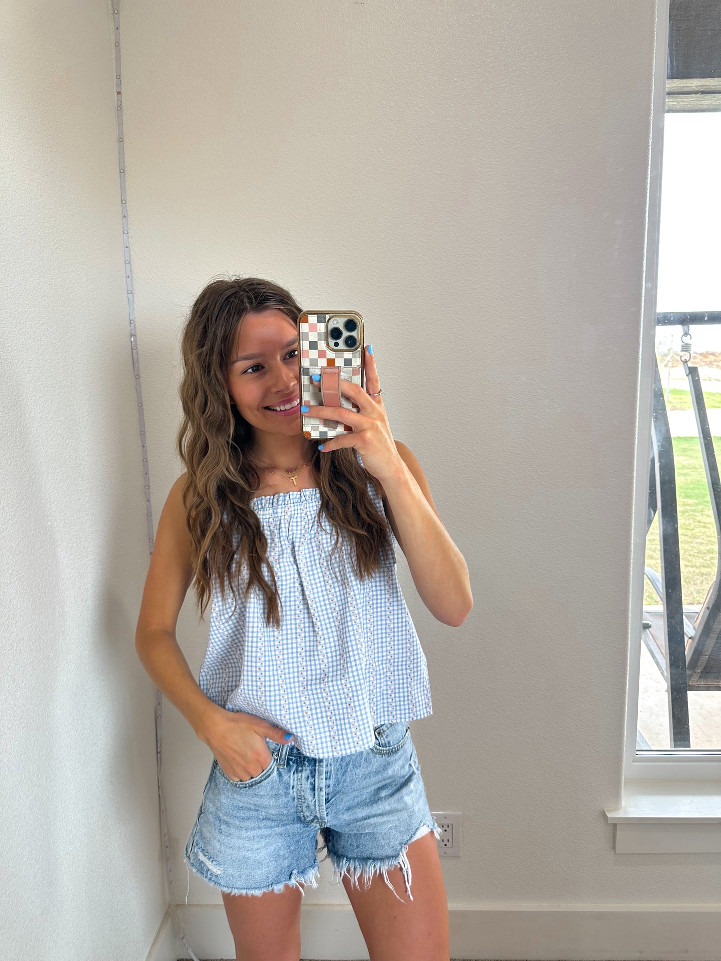 Gingham & Peach Blouse Tank