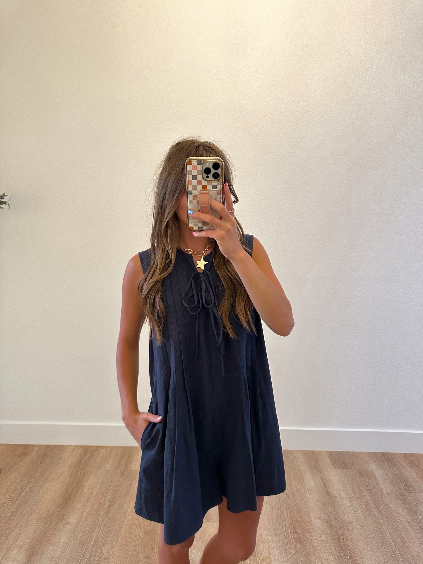 Navy Pleated Romper (100% Cotton)