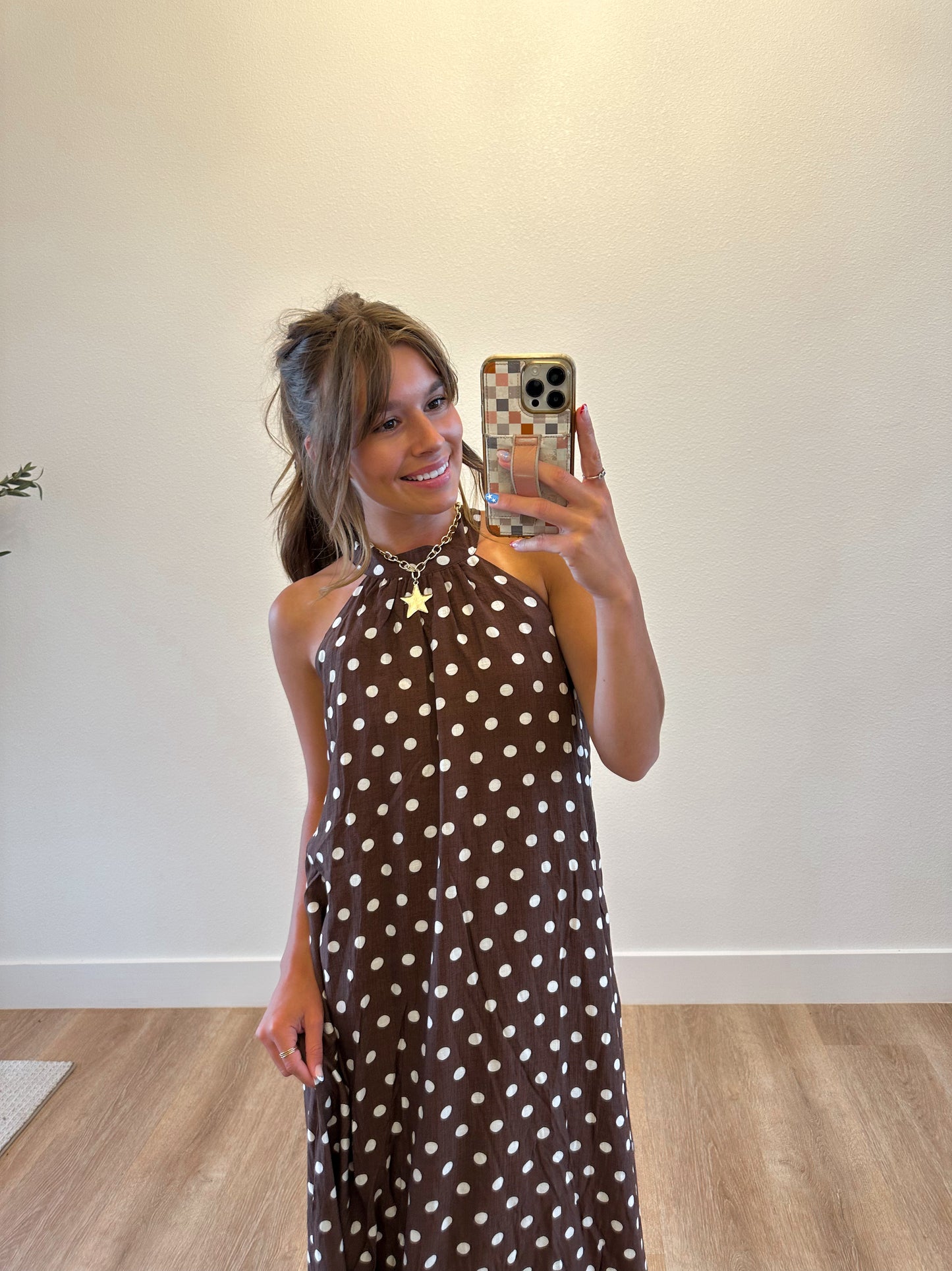 Brown Polka Dot Halter Maxi Dress