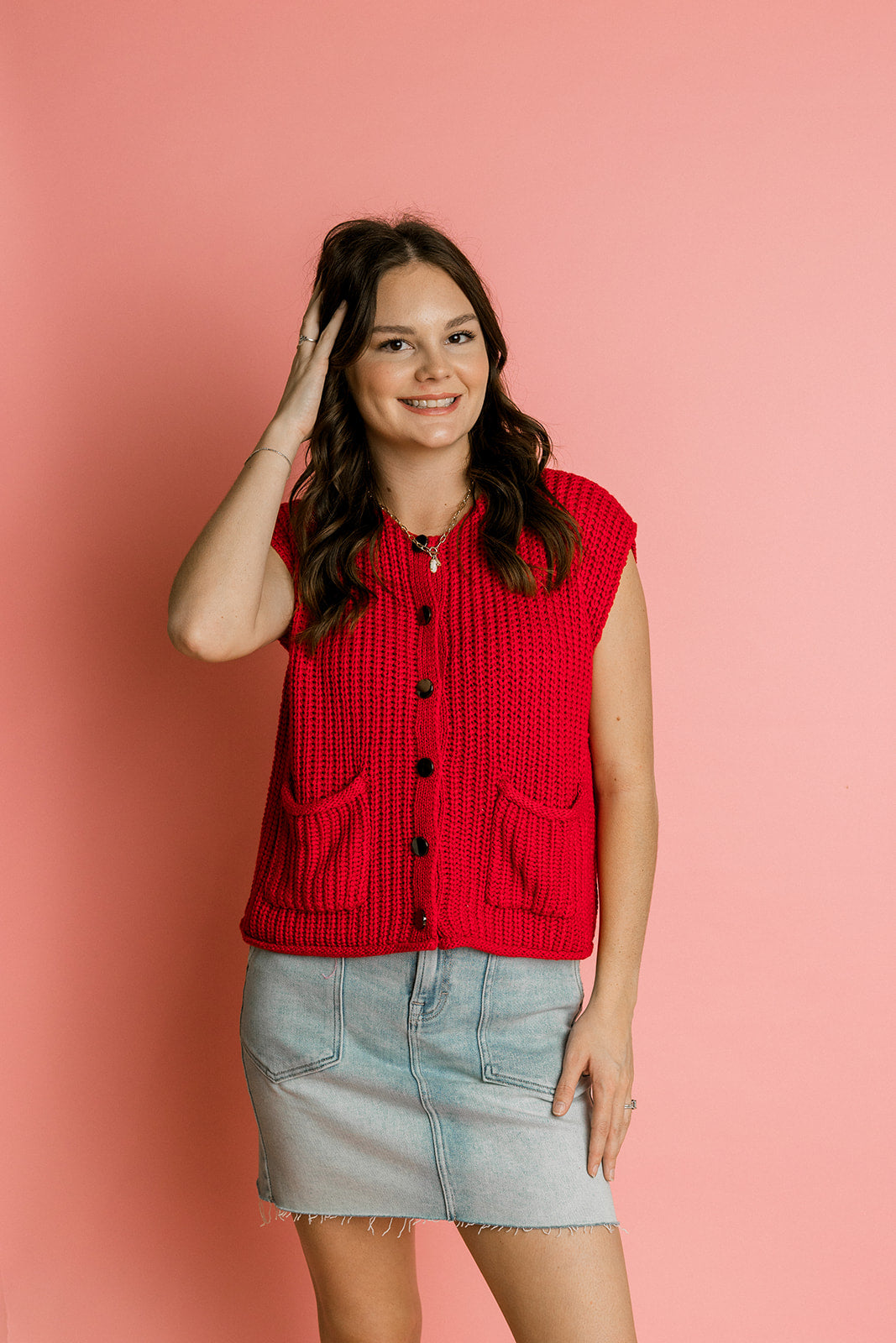 Button Front Sweater in Red