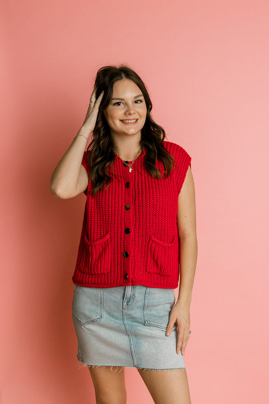 Button Front Sweater in Red