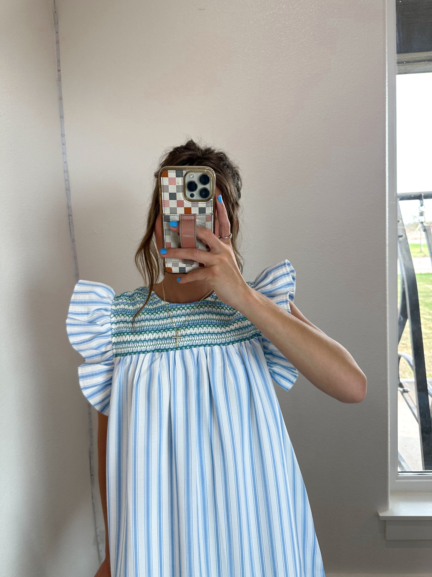 Blue & White Stripe Dress (Smocked Detail)