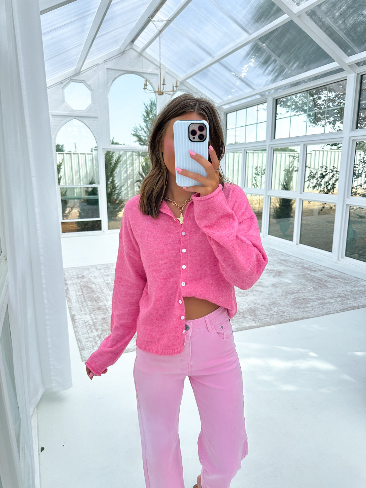 Barbie Pink Button Front Sweater