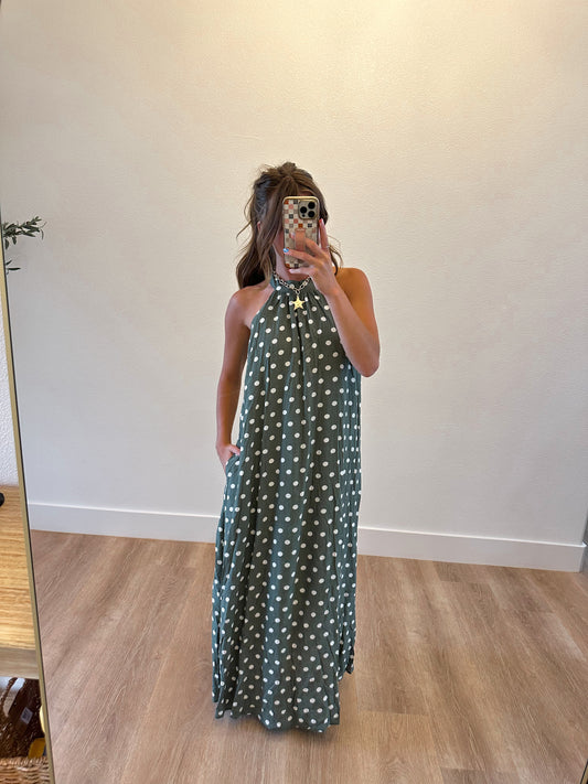 Olive Polka Dot Halter Maxi Dress