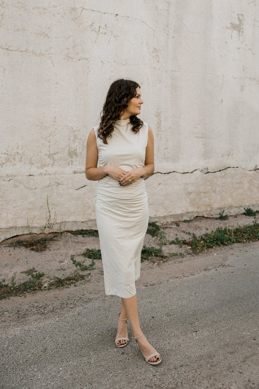 Mock Neck Cream Dress