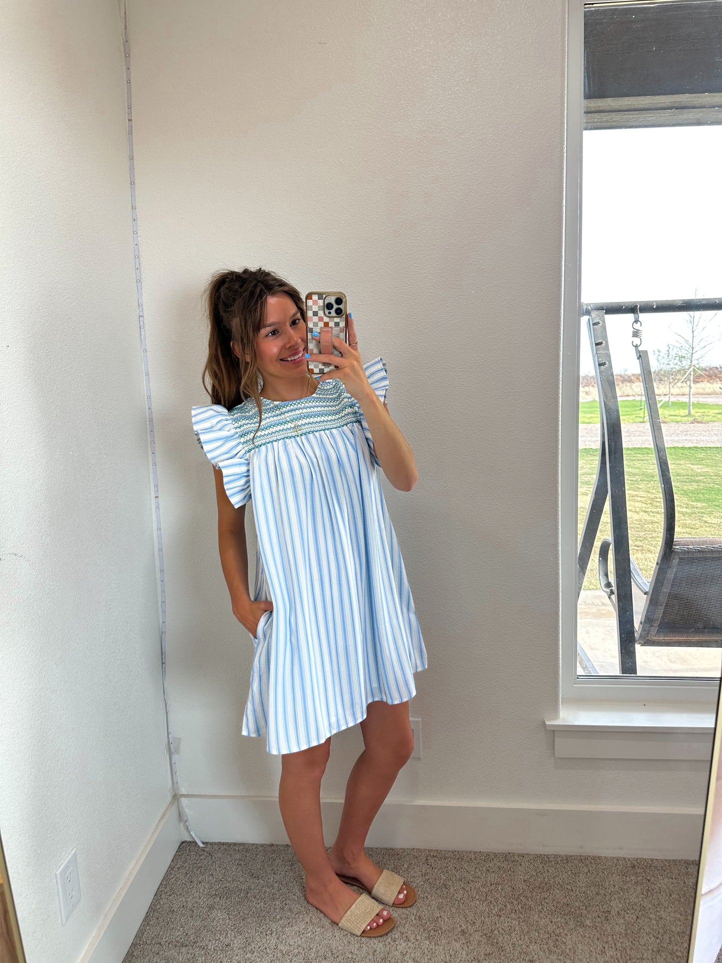 Blue & White Stripe Dress (Smocked Detail)