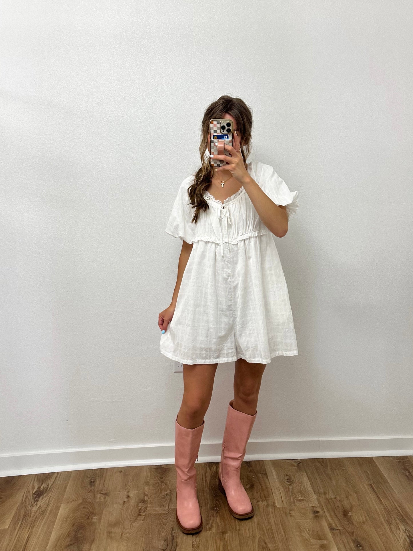 White Gingham Textured Romper (100% Cotton)